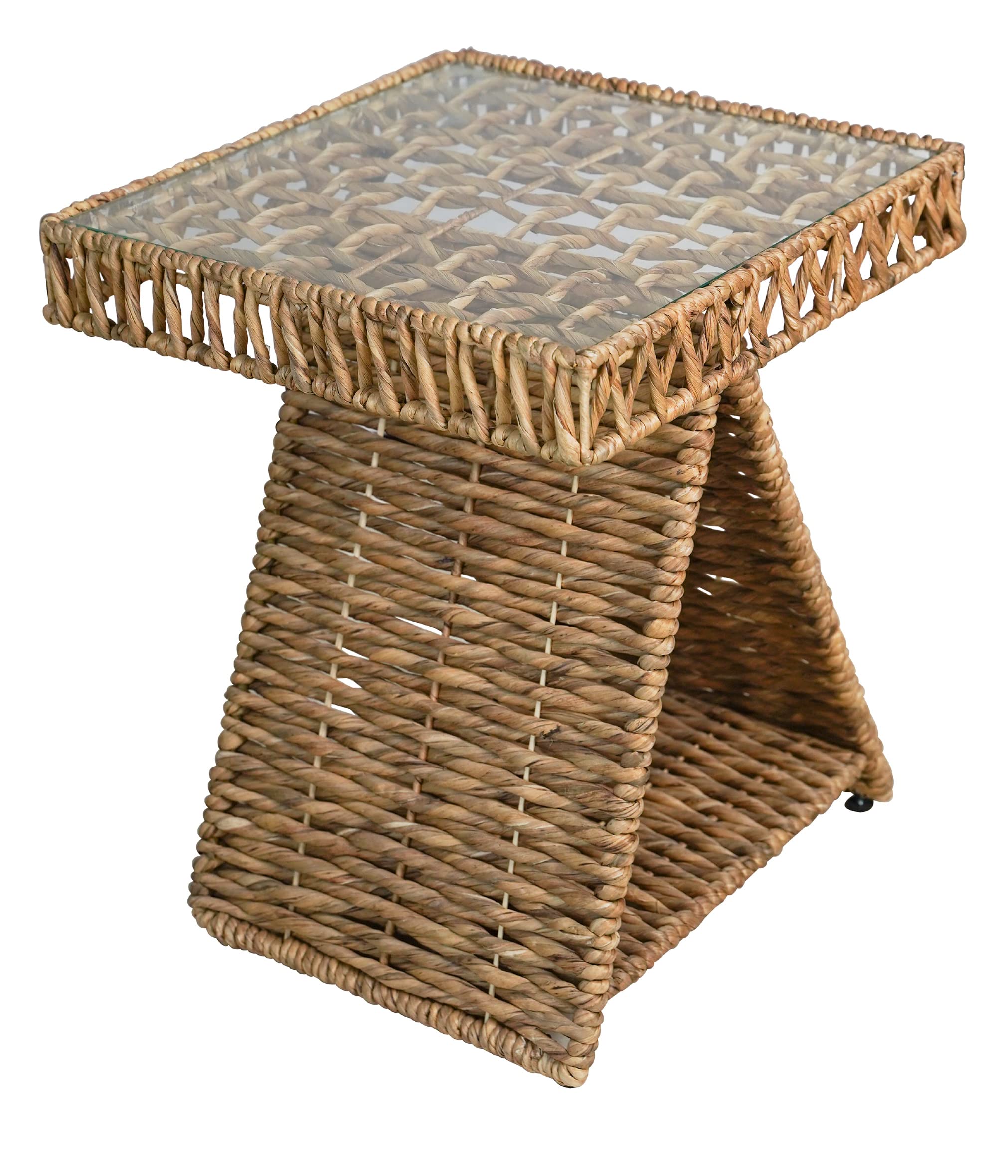 Geometric Square Triangle Woven Water Hyacinth End Table with Tempered Glass Top & Shelf - Natural Fiber Side Table for Living Room, Bedroom, or Office - Modern Boho Home Decor Accent Table (Model H122336)