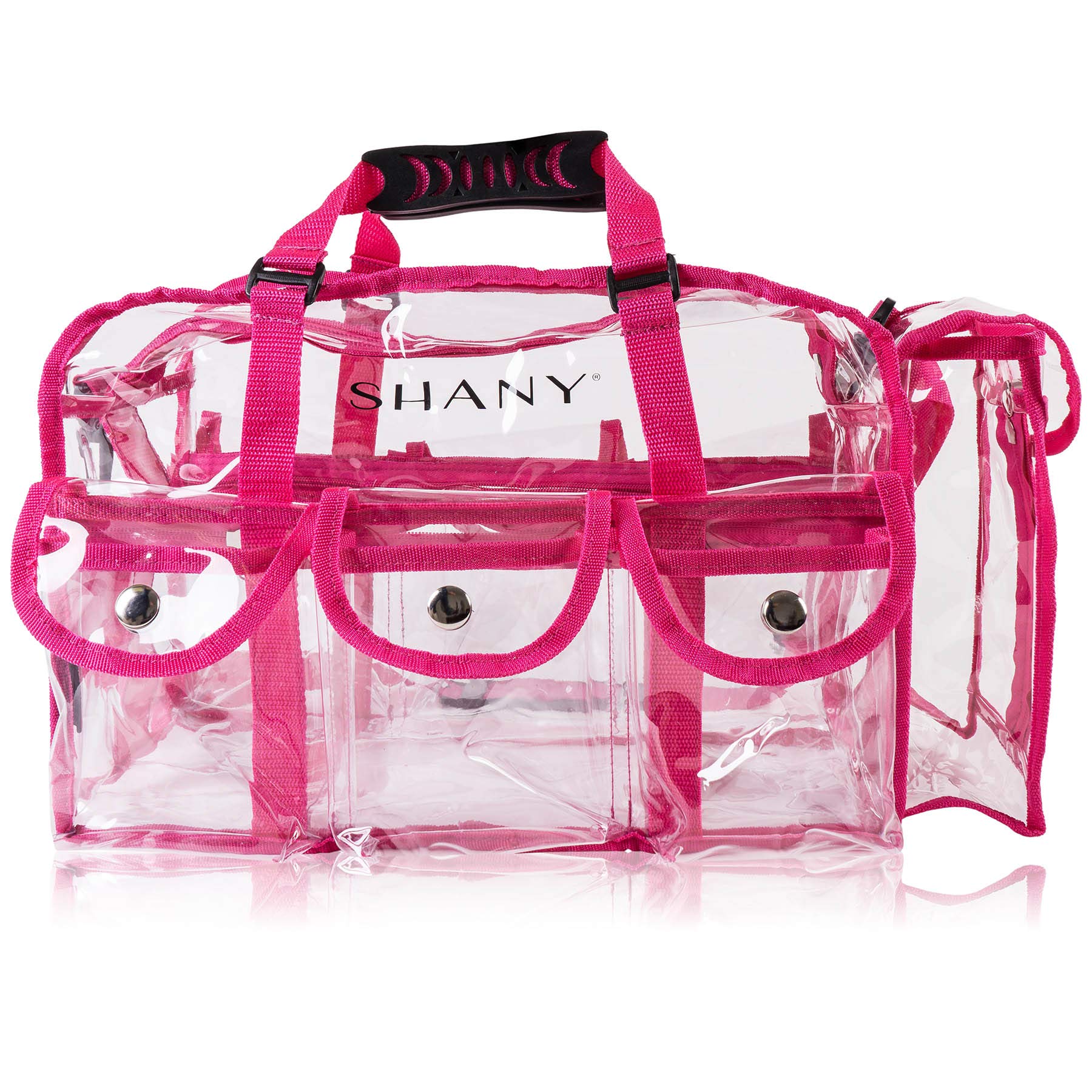 SHANY Clear PVC Makeup Bag - Large Professional Cosmetic Organizer with Shoulder Strap & 5 External Pockets - Pink | Perfect for Travel, Salon & Makeup Artists | Waterproof & Durable Makeup Case for Cosmetics Storage