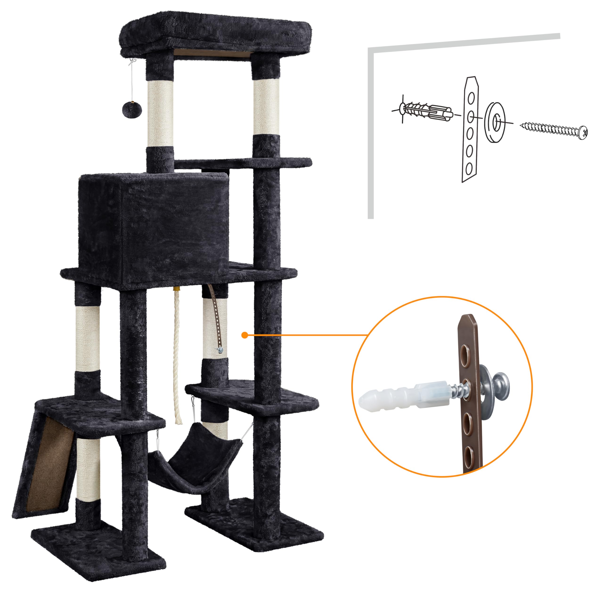 Yaheetech 63in Multi-Level Cat Tree Tower for Indoor Cats - Tall Cat Climbing Furniture with Sisal-Covered Scratching Posts, Condo & Perches - Durable Cat Activity Center for Kittens & Adult Cats (Black, Large) - Perfect for Small Spaces, Apartments & Play Areas