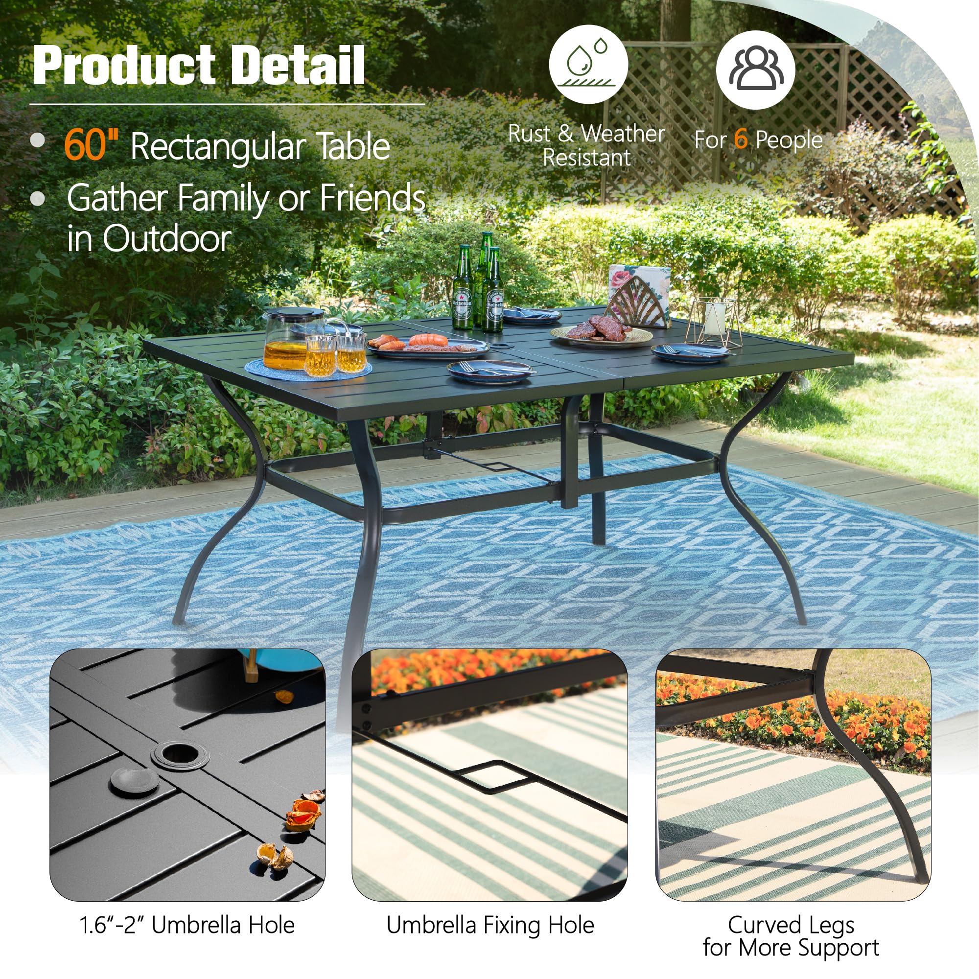 Sophia & William 7-Piece Outdoor Patio Dining Set with 13ft Beige Umbrella - 6 Folding Chairs & Rectangular Metal Table with Blue Sling Chairs - Perfect for Backyard BBQs, Poolside Gatherings & Garden Dining