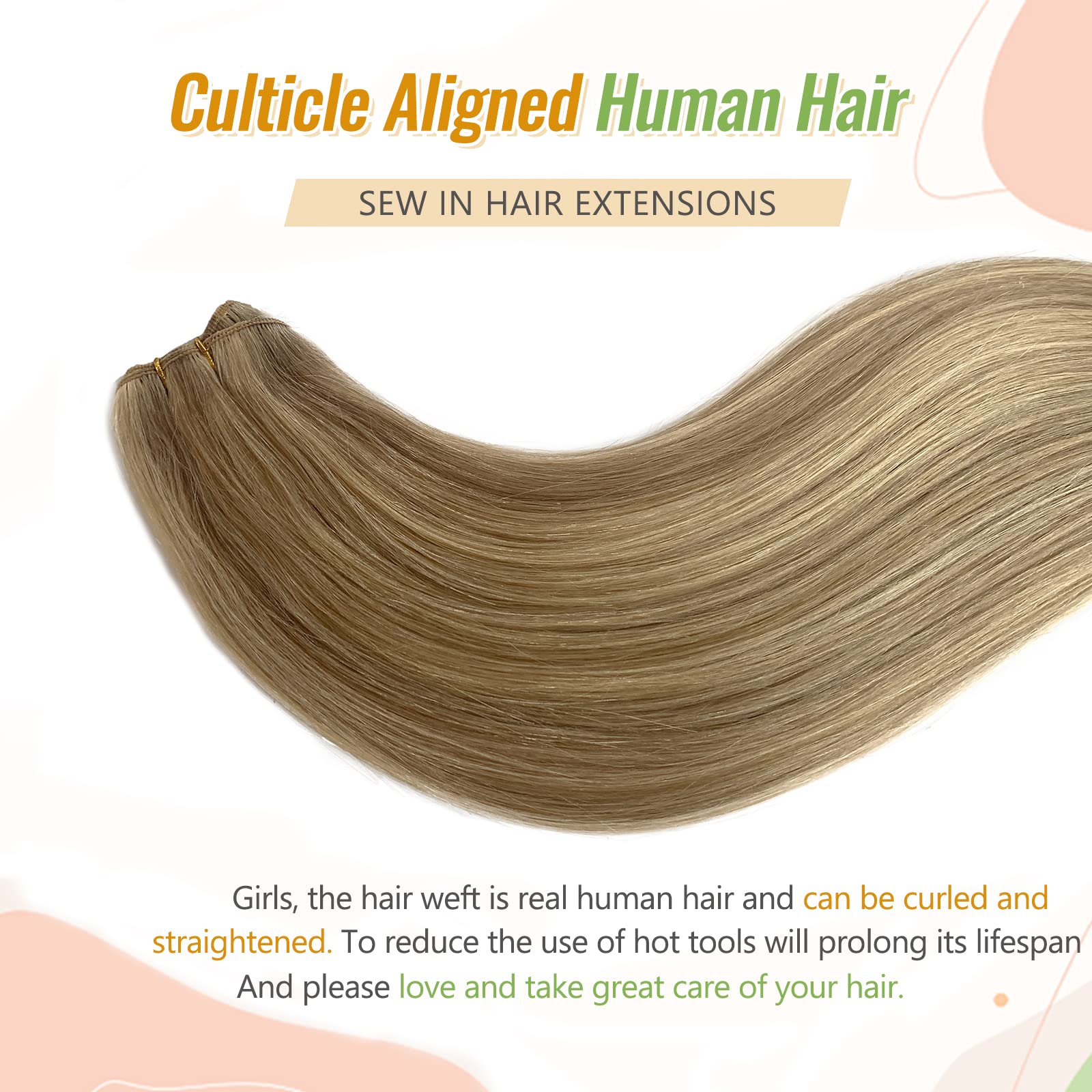 22 Inch Sew-in Weft Hair Extensions - 120g Thick Straight Remy Human Hair Bundles for Women | Hand-Tied Weft Extensions in Balayage Blonde | Perfect for Daily Styling, Special Occasions & Salon Use