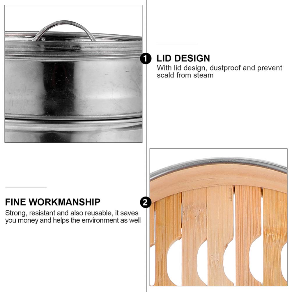 DOITOOL Stainless Steel Stackable Steamer Pot Set - 3-Piece Metal Food Steamer for Vegetables, Seafood & Desserts - Bamboo Lid Kitchen Utensil for Healthy Cooking | Stovetop & Induction Compatible | Perfect for Dim Sum, Tamales & Meal Prep