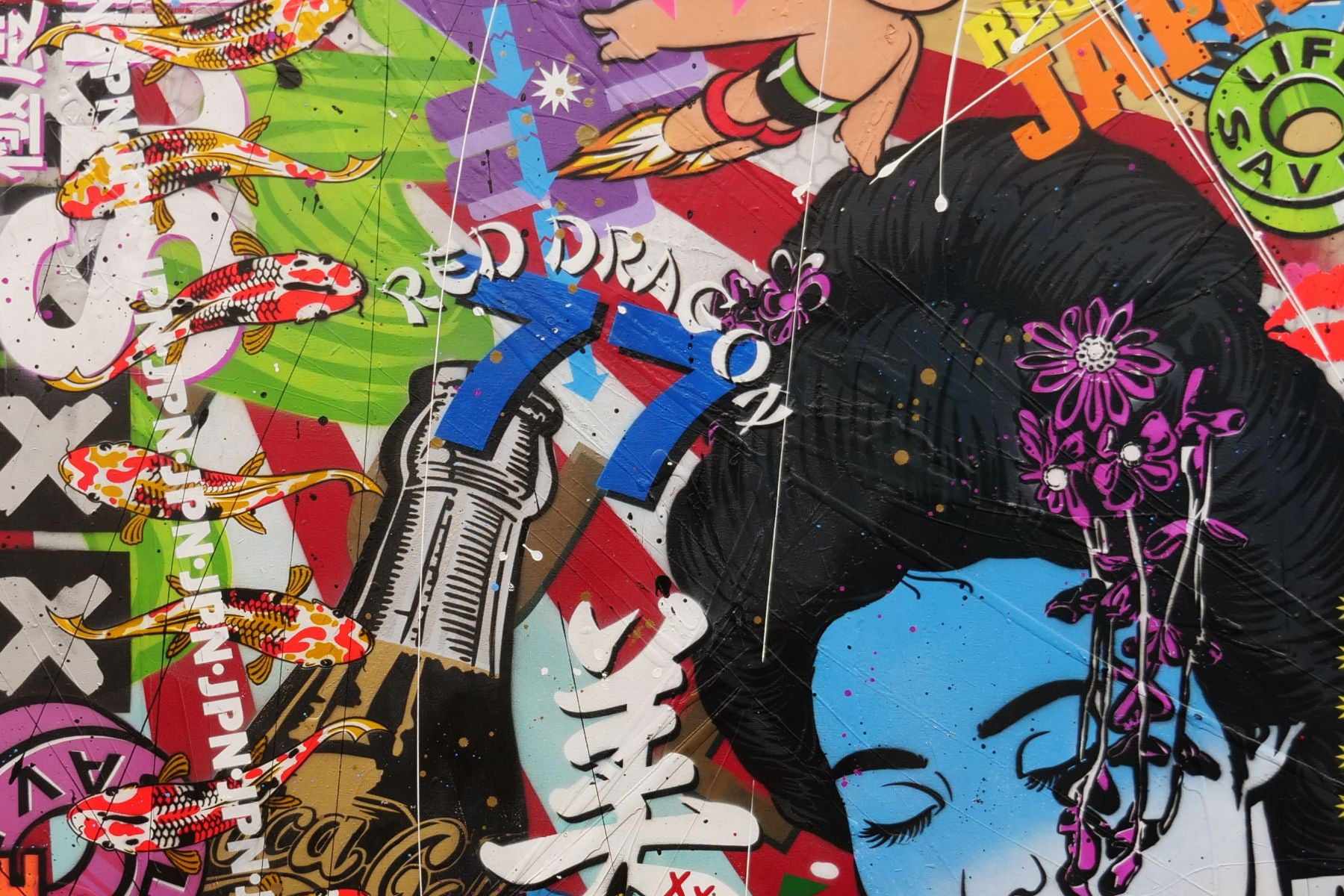Modern Pop Geisha Wall Art - 47x59 Inch Textured Canvas Painting, Japanese Urban Pop Art Decor for Living Room & Bedroom