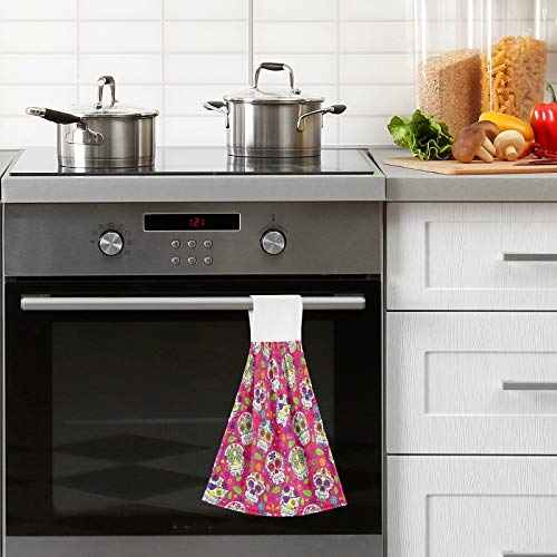 Halloween Sugar Skulls Hanging Kitchen Towels - 2PCS Pink Day of The Dead Hand Towels with Loops | Super Absorbent & Soft 12x17 Inch Dish Towels for Kitchen, Bathroom & Oven | Perfect for Halloween Decor & Dia de Los Muertos Celebrations