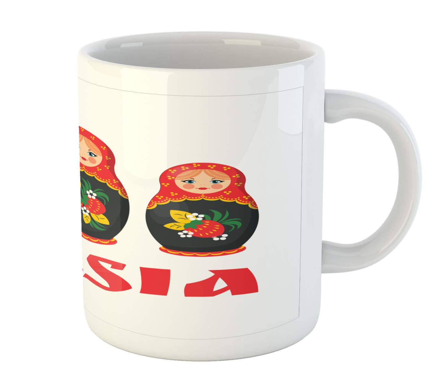 Ambesonne Traditional Russian Matryoshka Nesting Doll Ceramic Coffee Mug - 11 oz Ethnic Art Tea Cup for Water, Coffee & Hot Drinks - Vermilion White Green Design - Perfect for Home, Office & Gift Giving