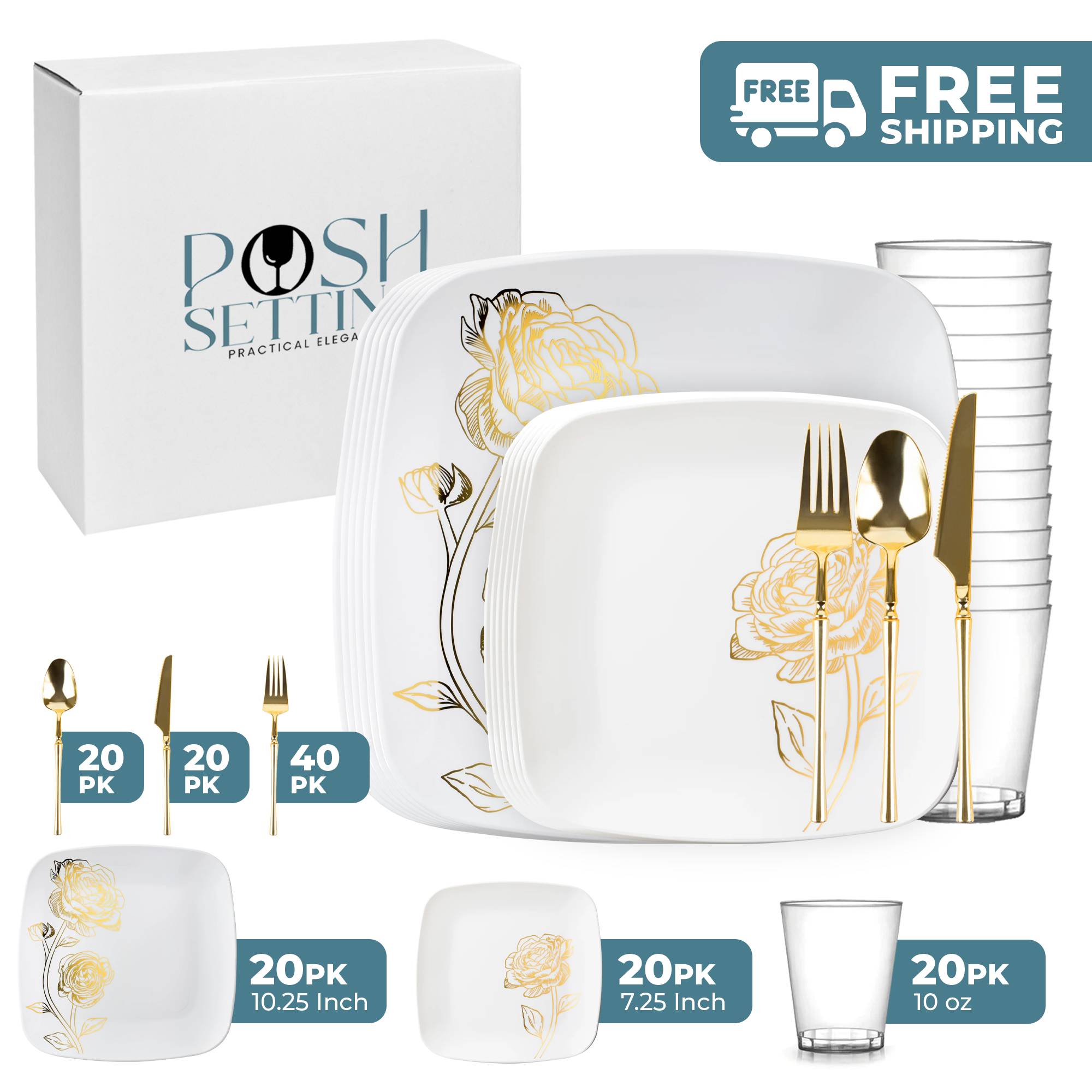 Elegant White and Gold Plastic Party Bundle with Peony Design - Perfect for Weddings, Birthdays, and Special Celebrations