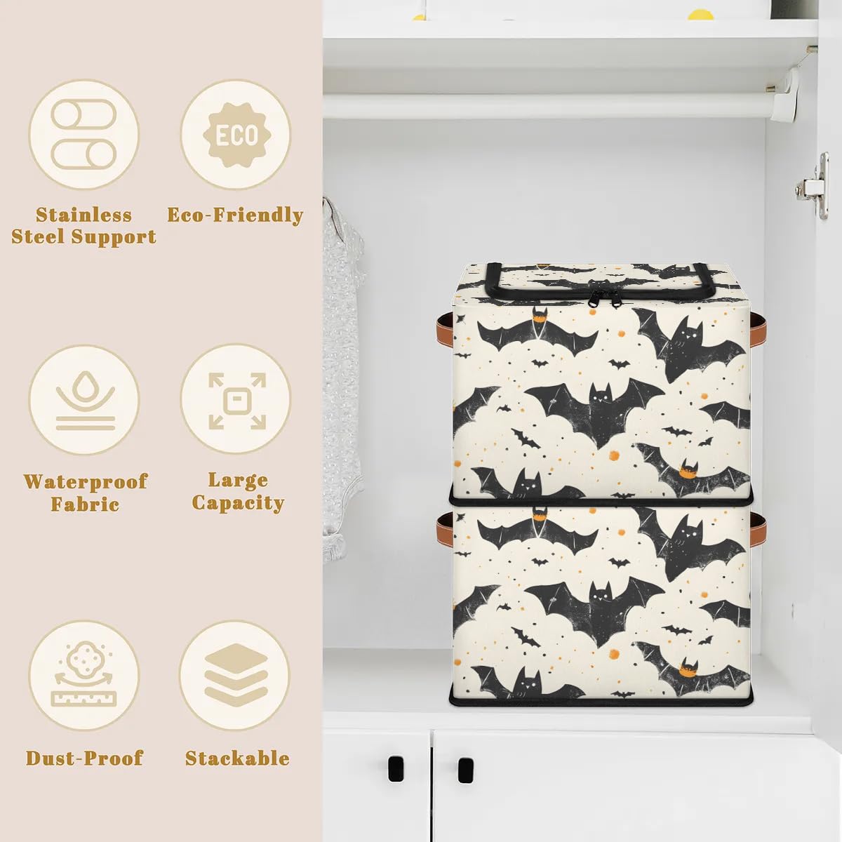 Collapsible Storage Bins with Lids - Halloween Bat Design Stackable Fabric Storage Cubes for Clothes, Toys, Blankets | Dustproof Closet Organizer for Home, Bedroom & Nursery Organization
