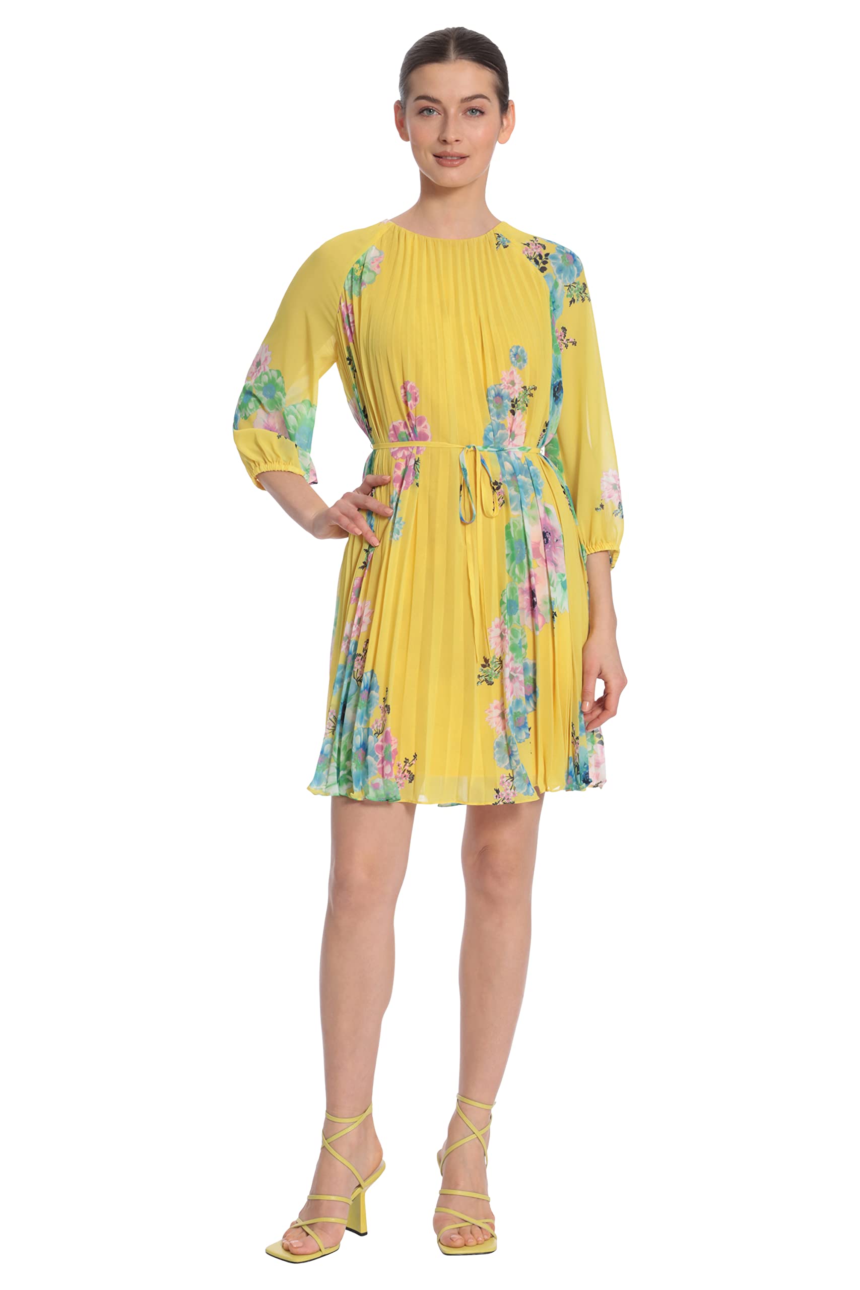 Maggy London Women's Floral Print Raglan Sleeve Dress with Pleated Trapeze Silhouette & Spaghetti Strap Waist Tie | Elegant Summer Dress for Weddings, Parties & Office Wear