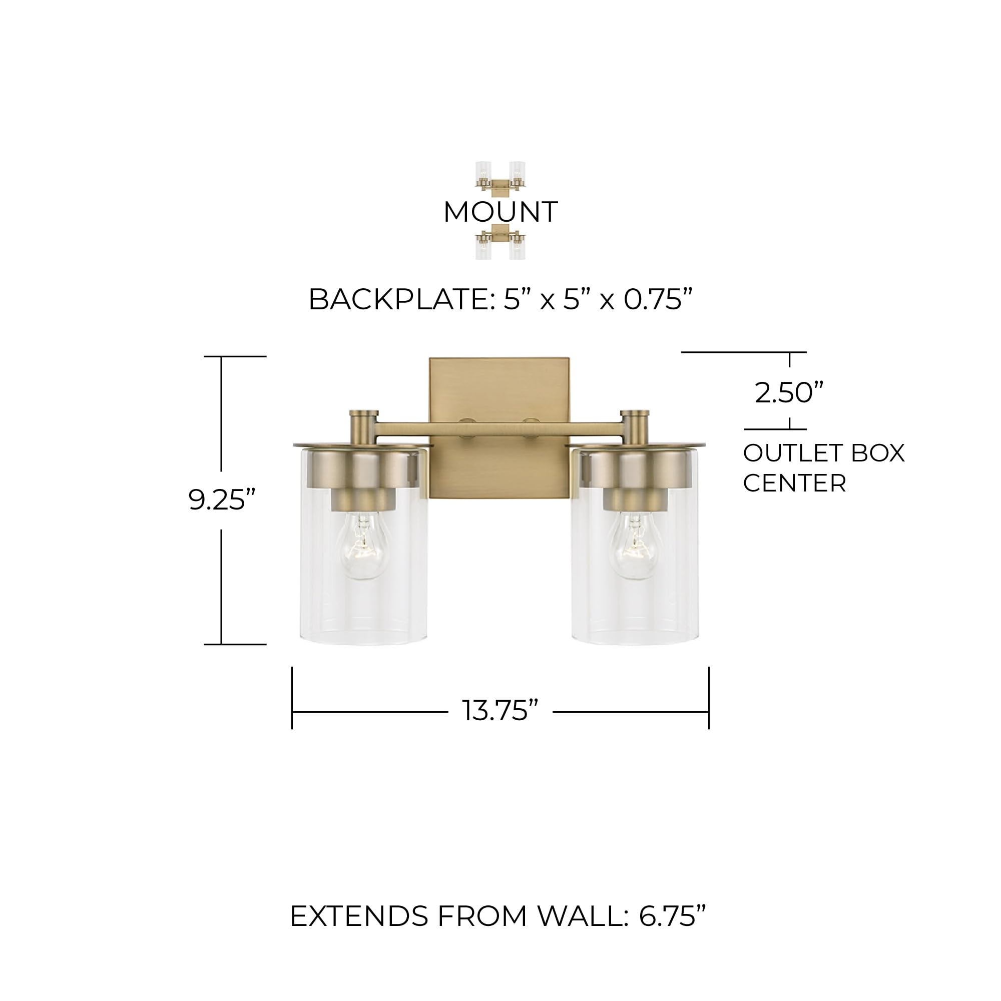 HomePlace Lighting 146821AD-532 Mason Transitional 2-Light Vanity Fixture - Clear Glass Cylinder Shade, Brass Finish, 9