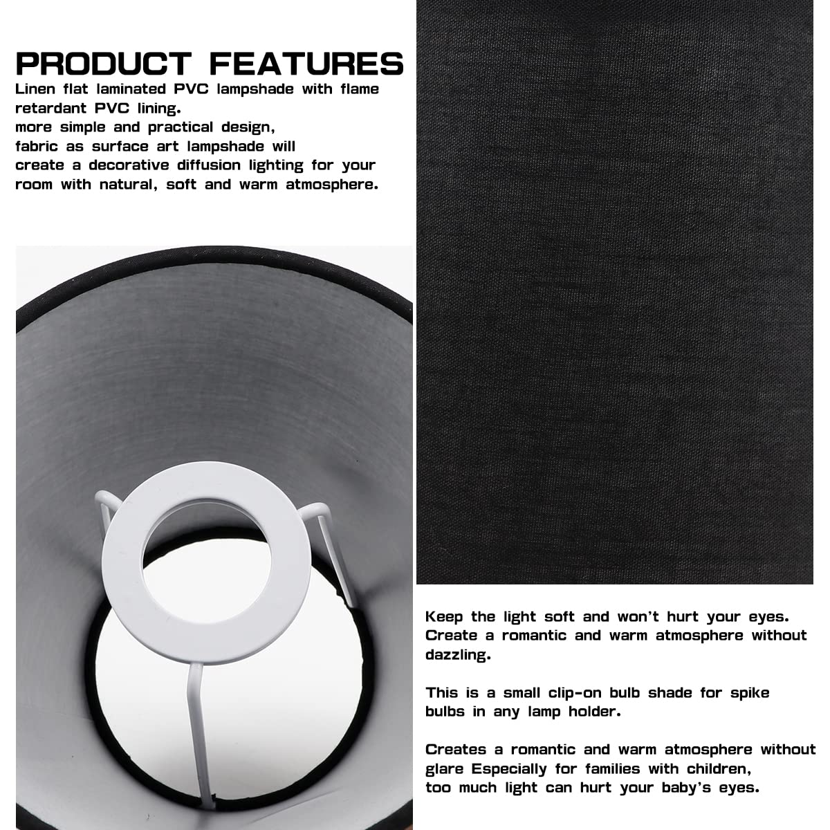 2-Pack Small Linen Lamp Shades - Clip-On Barrel Fabric Lamp Covers for Bulbs - Black Linen Replacement Shades for Bedroom, Nightstand, Wall & Table Lamps - Perfect for Cozy Lighting & Home Decor