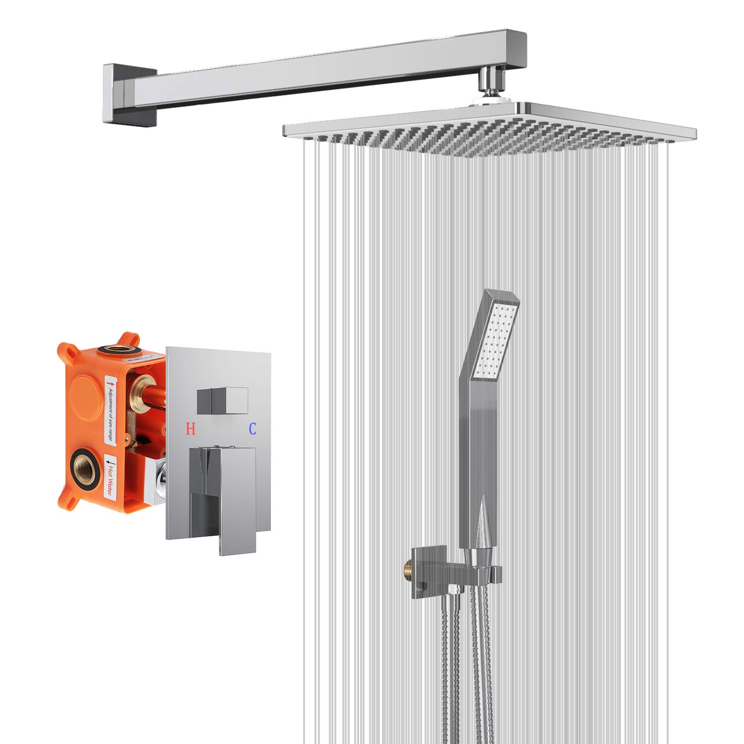 Premium 10-Inch Brass Wall Mounted Rainfall Shower System - Chrome Coating Combo Set with Ceramic Spool, Rain Shower Head & Handheld Shower Faucet (Includes Rough-in Valve Body & Trim) - Perfect for Modern Bathroom Renovations & Spa-Like Shower Experience