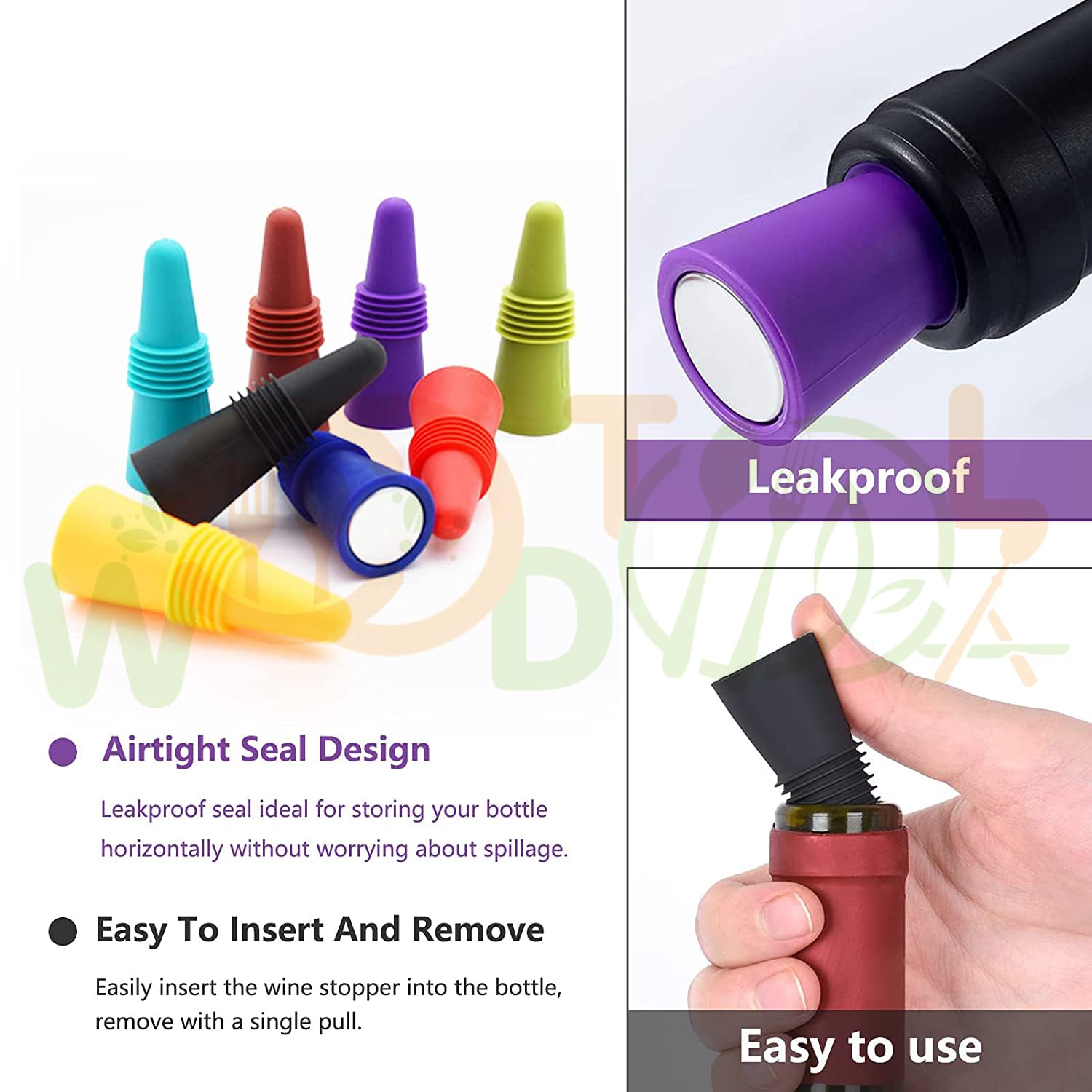 WOODTULA 4-Pack Silicone Wine Stoppers - Reusable Bottle Sealer for Wine, Beer & Beverage Glass Bottles - Airtight Drink Cover for Parties, Picnics & Home Use