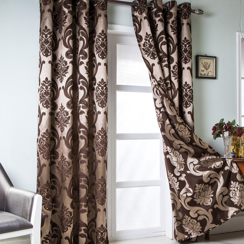 Luxury Brown Damask Jacquard Curtains for Living Room & Bedroom - Victorian Style Home Decor Drapes (2 Panels, 52x108 Inches Each) - Perfect for Elegant Window Treatments & Cozy Home Atmosphere
