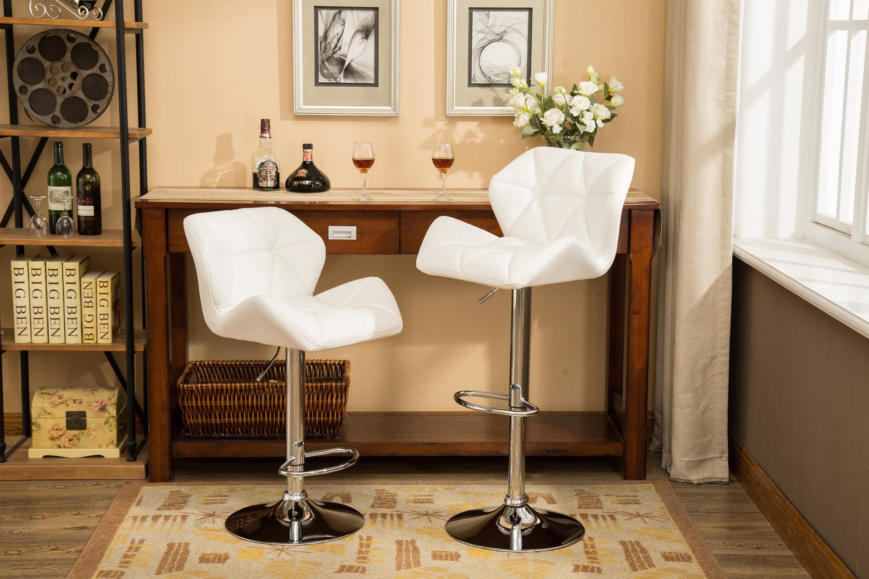 Roundhill Furniture Glasgow Contemporary Tufted Adjustable Height Hydraulic Bar Stools, White, Set of 2 - Perfect for Kitchen Island, Home Bar & Modern Dining Room Decor