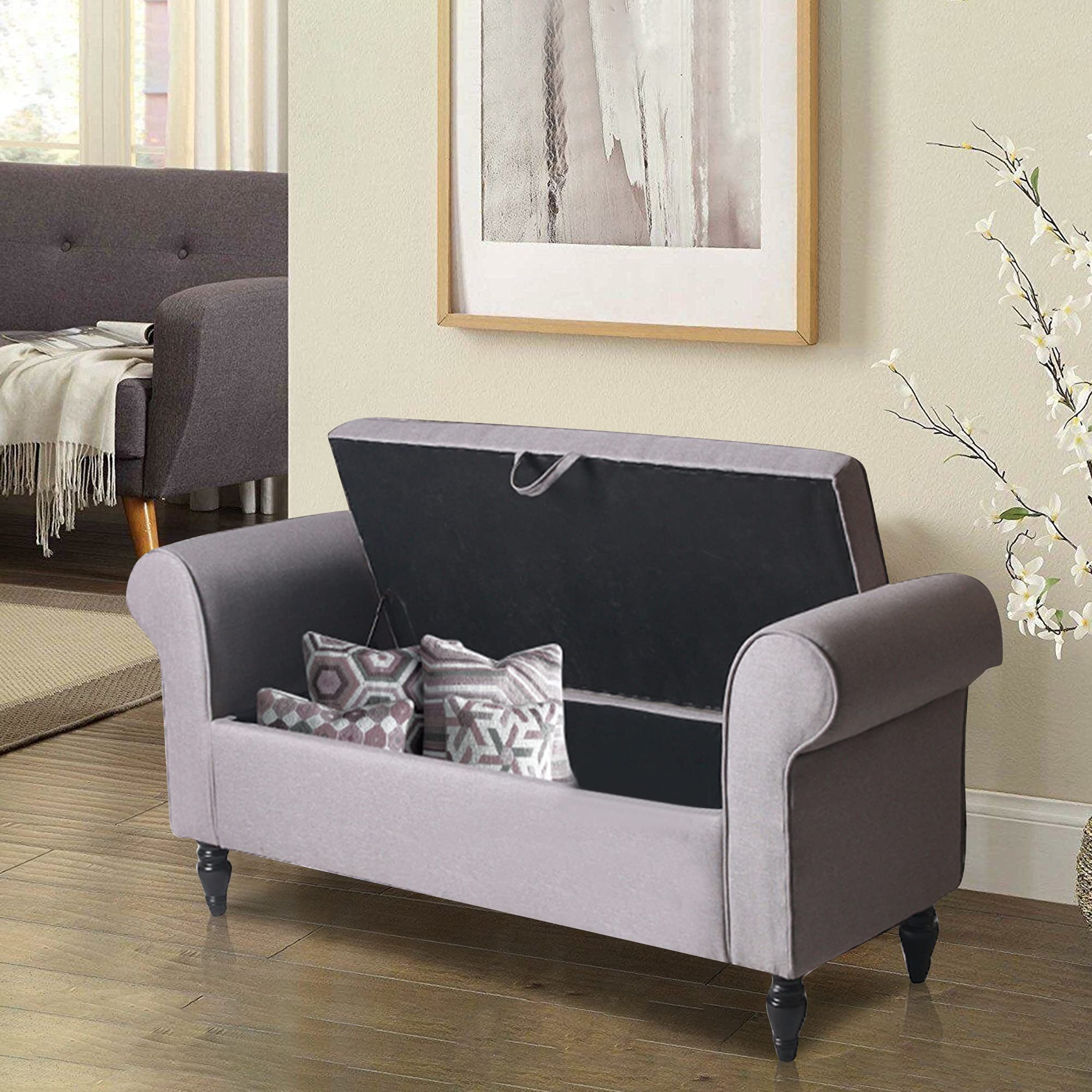 Alunaune Grey Upholstered Storage Bench with Rolled Arms - Modern Linen Fabric Ottoman for Bedroom, Living Room & Entryway - Perfect for Extra Seating & Hidden Storage | Bedroom Bench, Couch Settee, Hallway Seat