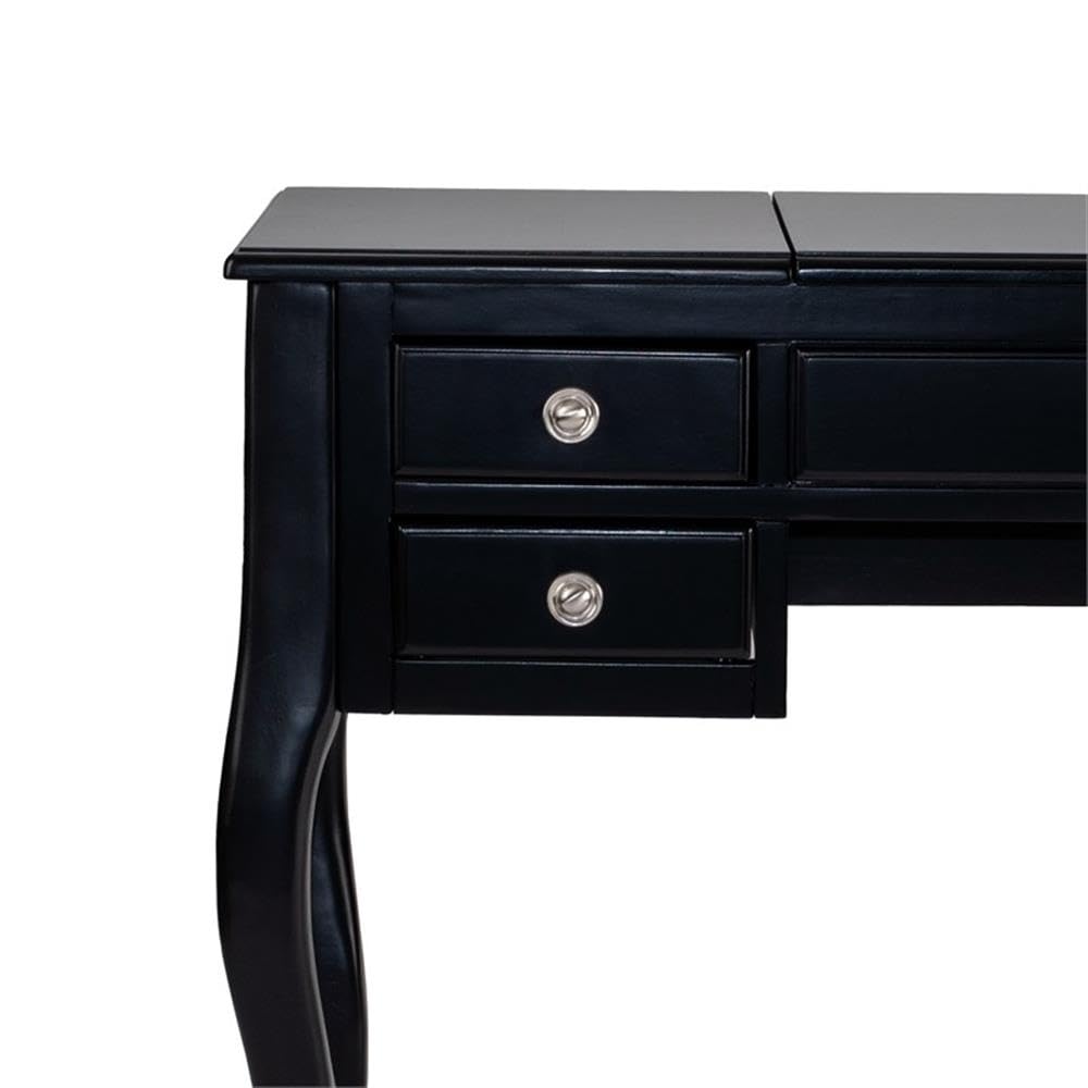 BOWERY HILL Black Wooden Vanity Set with Stool and Mirror - Elegant Dressing Table for Bedroom, Bathroom & Makeup Area - Perfect for Home Decor & Vanity Organization