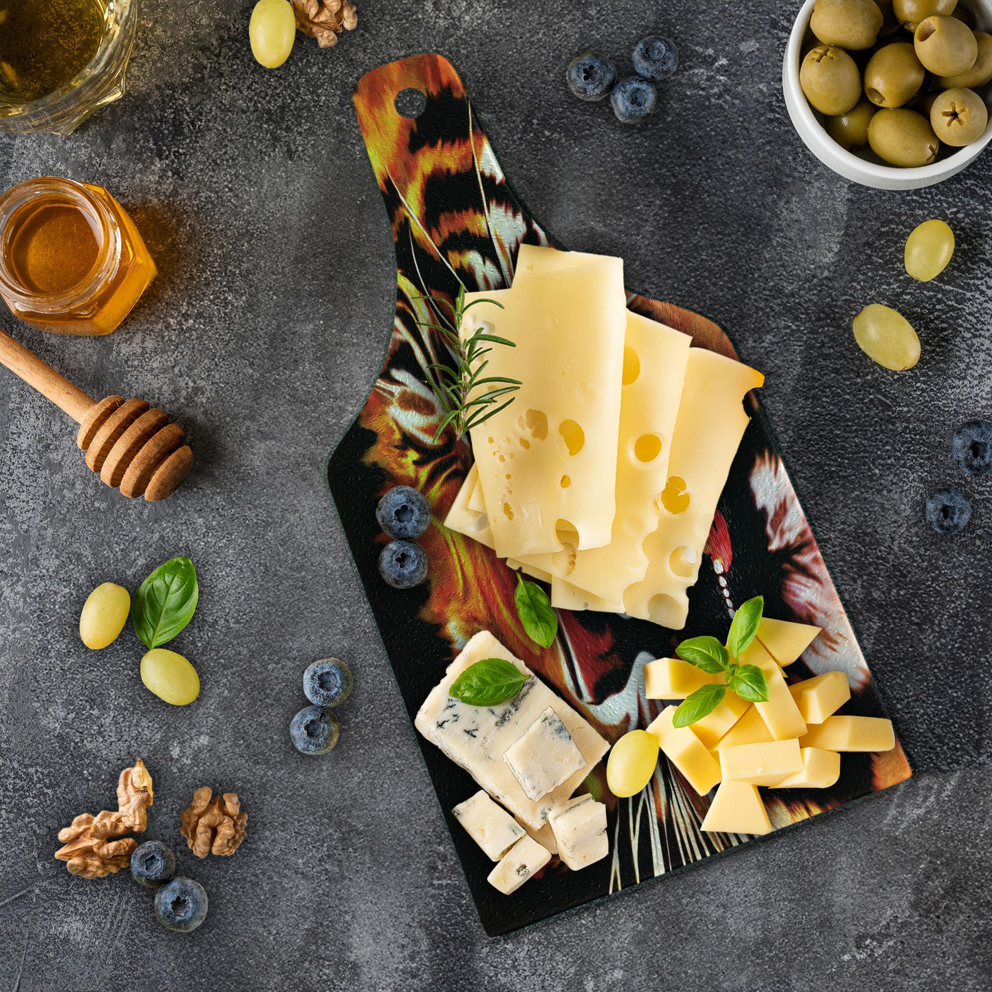 Ambesonne Savannah Tempered Glass Cutting Board - Large Tiger Stripes Animal Print, Decorative Serving Board with Wine Bottle Shape in Orange, White & Black | Perfect for Kitchen Prep, Charcuterie Display & Wine Pairing Parties