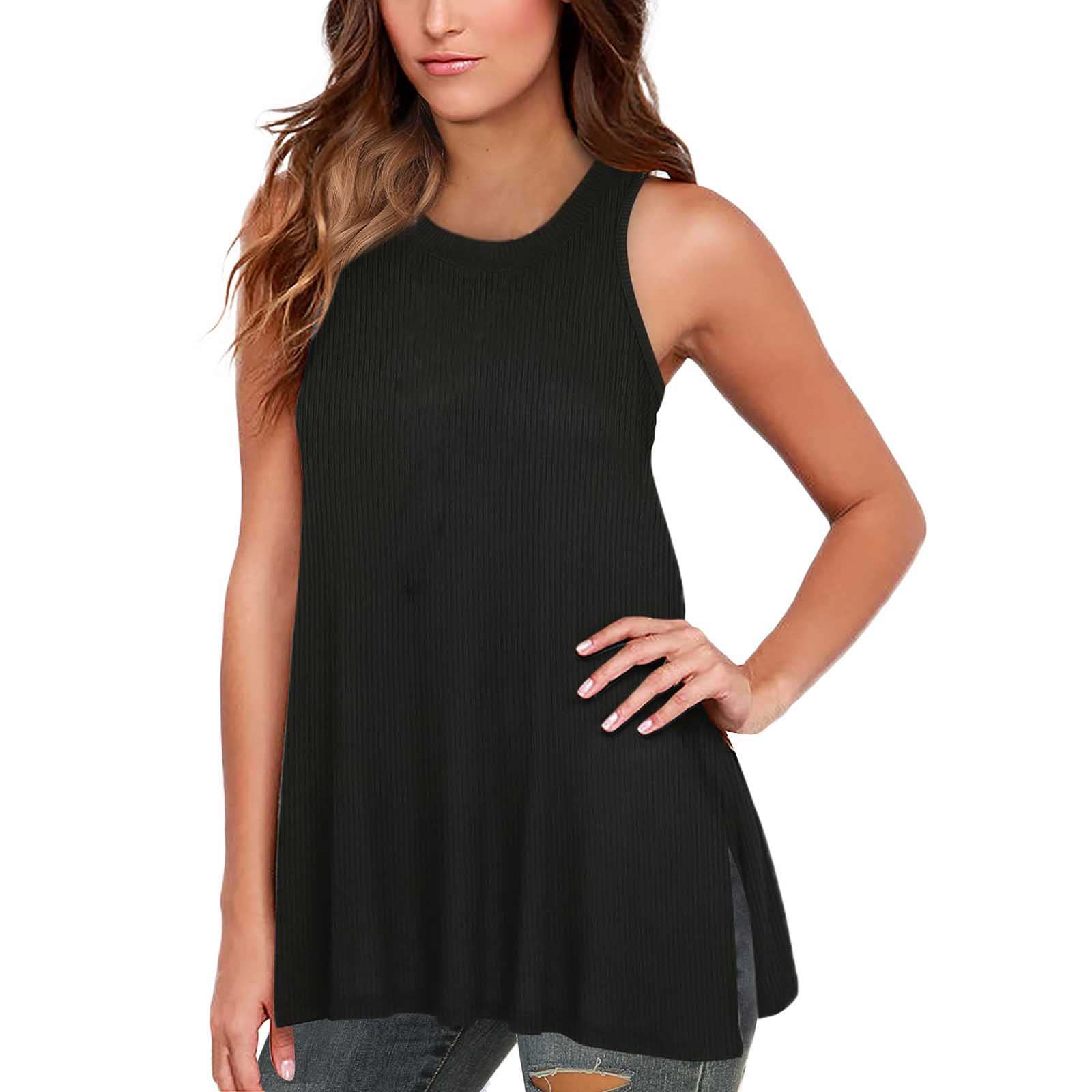 Women's Black Workout Tank Tops - Sleeveless Split Side Tunic Neck Shirts for Summer Gym & Yoga | Athletic Wear for Running, Fitness & Casual Outfits