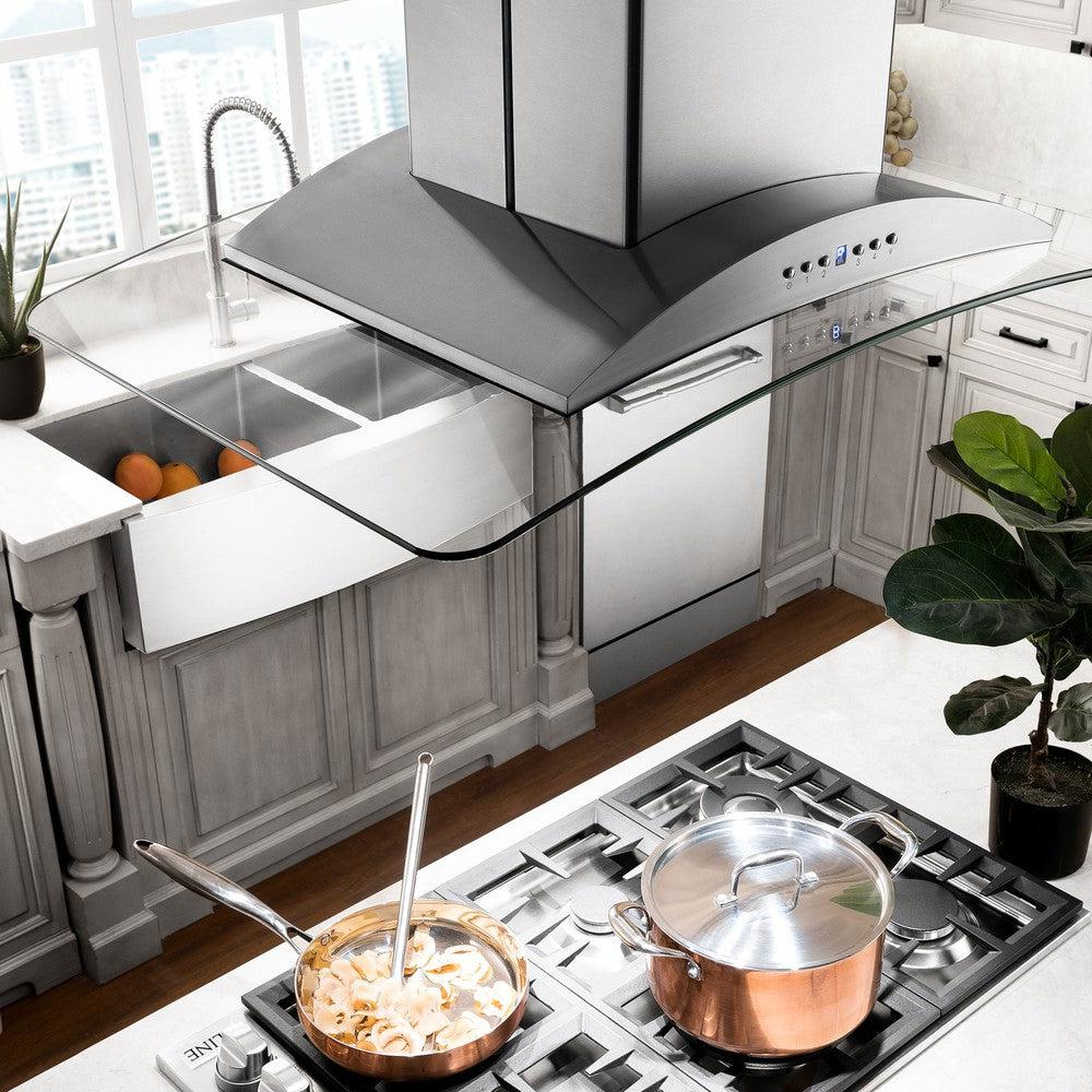 ZLINE GL9iCRN BT Stainless Steel Island Mount Range Hood with Built-in CrownSound Bluetooth Speakers - Premium Kitchen Ventilation for Modern Homes, Perfect for Cooking & Entertaining