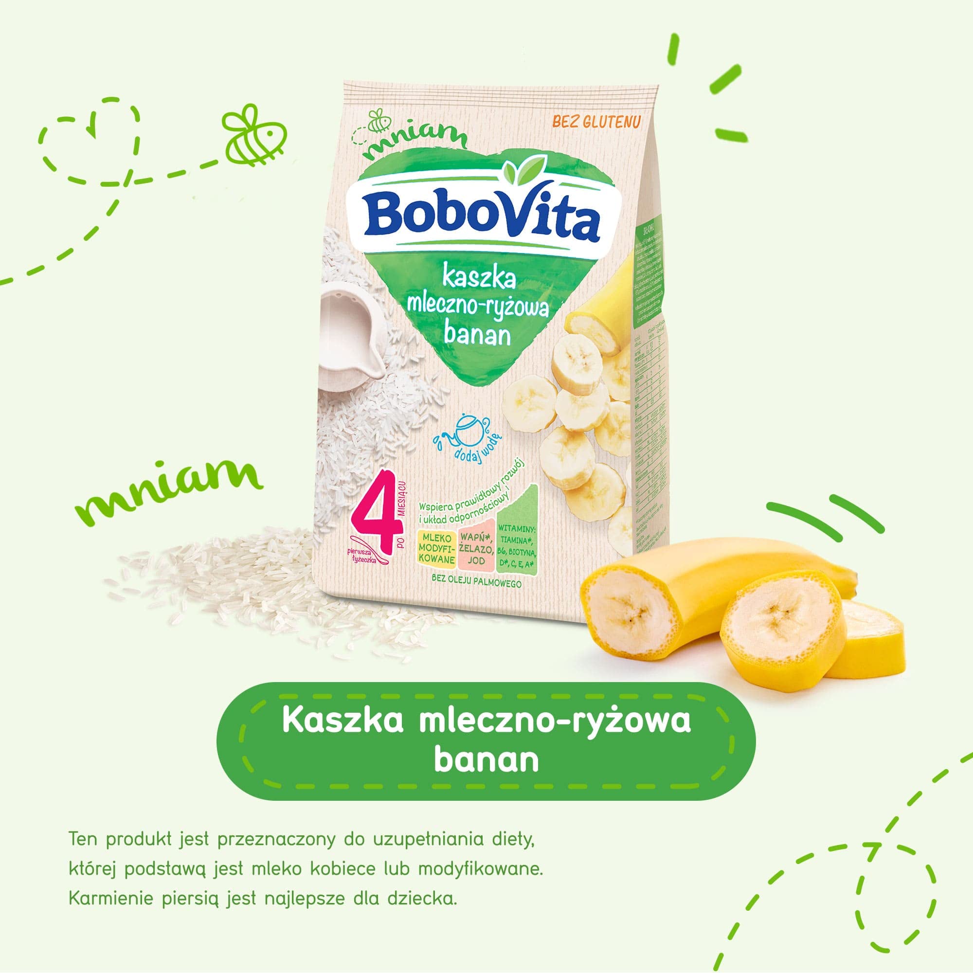 Organic Bobovita Milk & Rice Baby Cereal with Bananas - 230g (8.1oz) | Easy-to-Digest First Food for Infants 4+ Months | Ideal for Weaning, Breakfast & On-the-Go Feeding