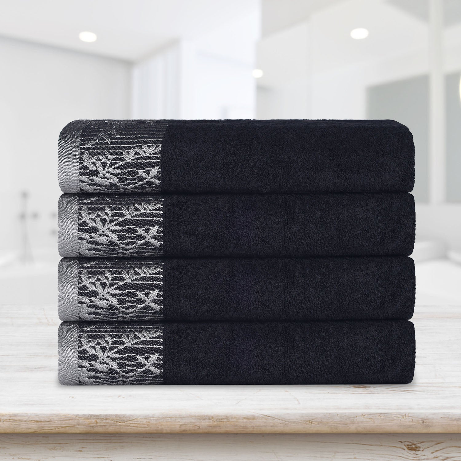 Premium Wisteria Cotton Floral Embroidered Jacquard Border Bath Towel Set of 4 - Ultra Soft & Absorbent Luxury Towels for Spa, Bathroom & Guest Use