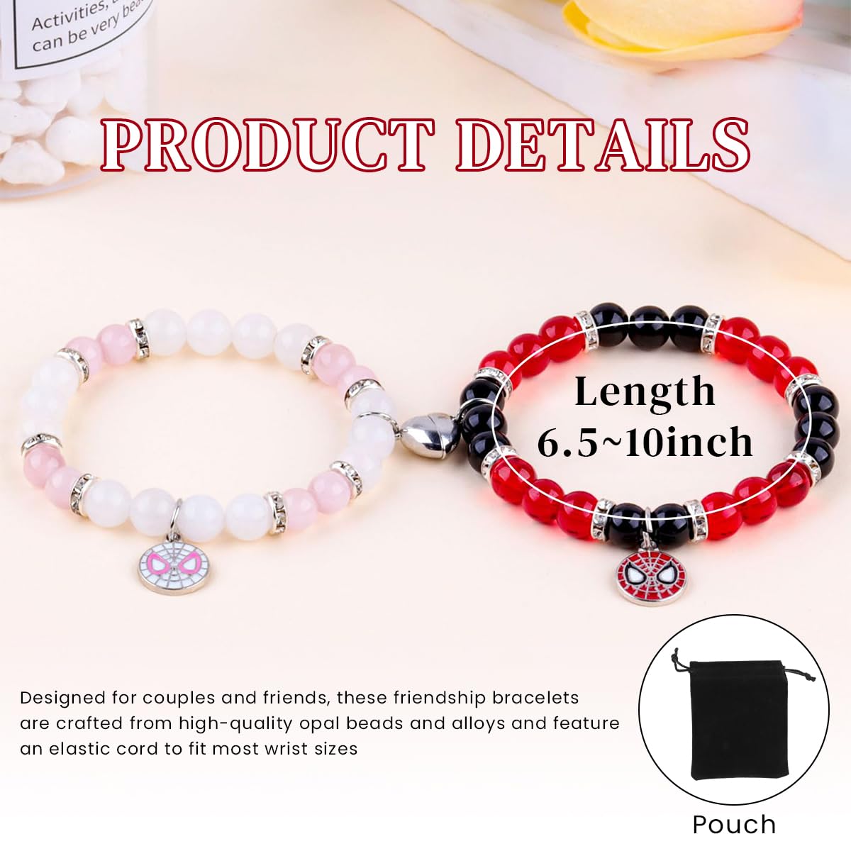 SANNIDHI® Matching Couple Bracelets Set - Spiderman Pendant Opal Beads & Hello Kitty Friendship Bracelet, Magnetic Heart BFF Bracelet for Women, Girls, Sisters - Best Gift for Anniversary, Birthday, Valentine's Day (Perfect for Couples, Best Friends and Family Gifts)