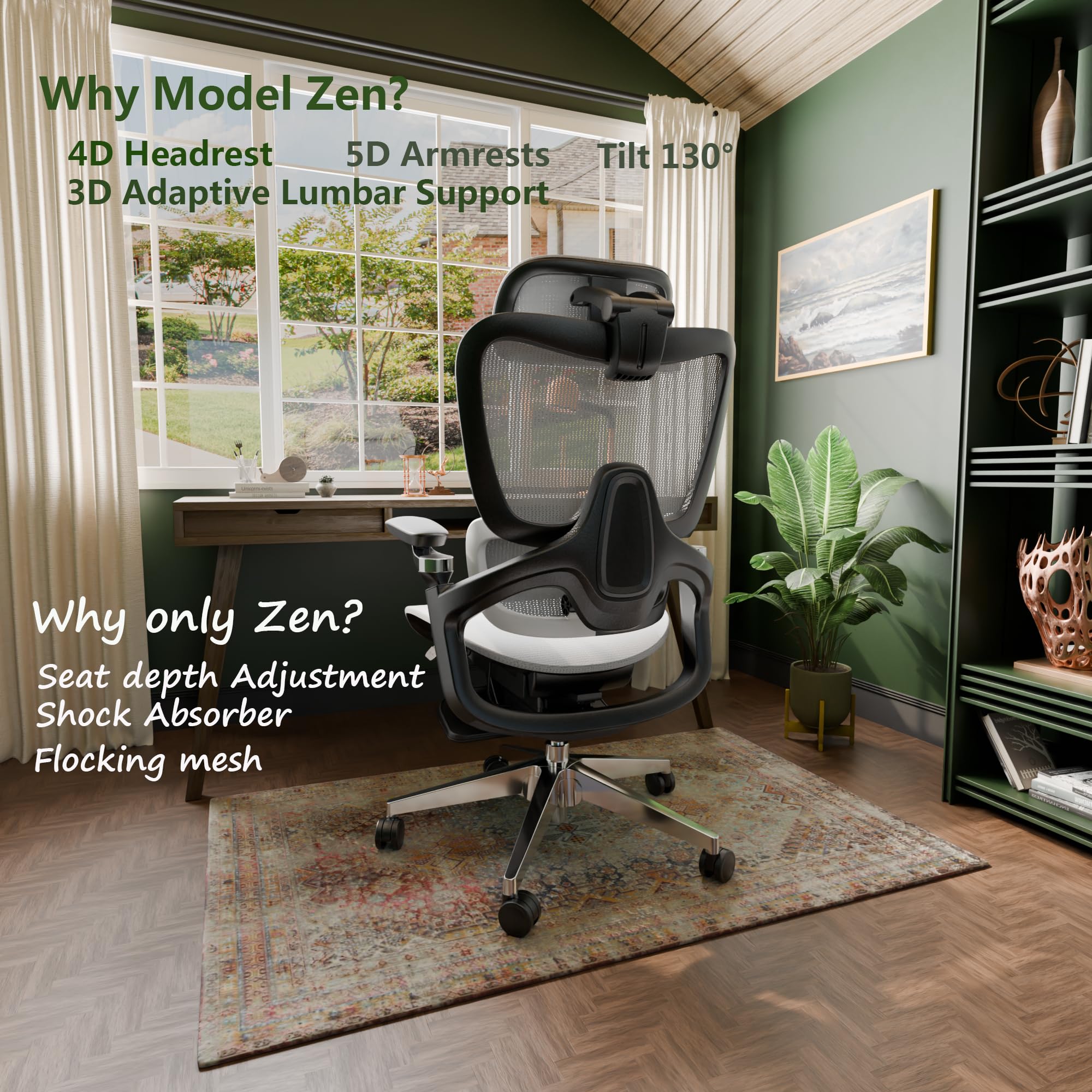 Ergonomic Mesh Office Chair with Lumbar Support - Big and Tall Computer Gaming Chair, Adjustable Headrest & 5D Armrests, 90-130° Recline, BIFMA Certified - Perfect for Home Office, Gaming & Workspaces (Grey, Model Zen)