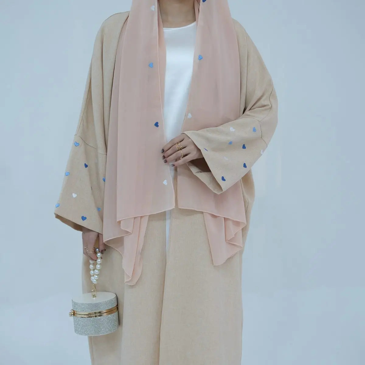 Elegant Heart Embroidery Cardigan Open Abaya Dress for Women - Boho Chic Muslim Fashion for Prayer, Home & Special Occasions