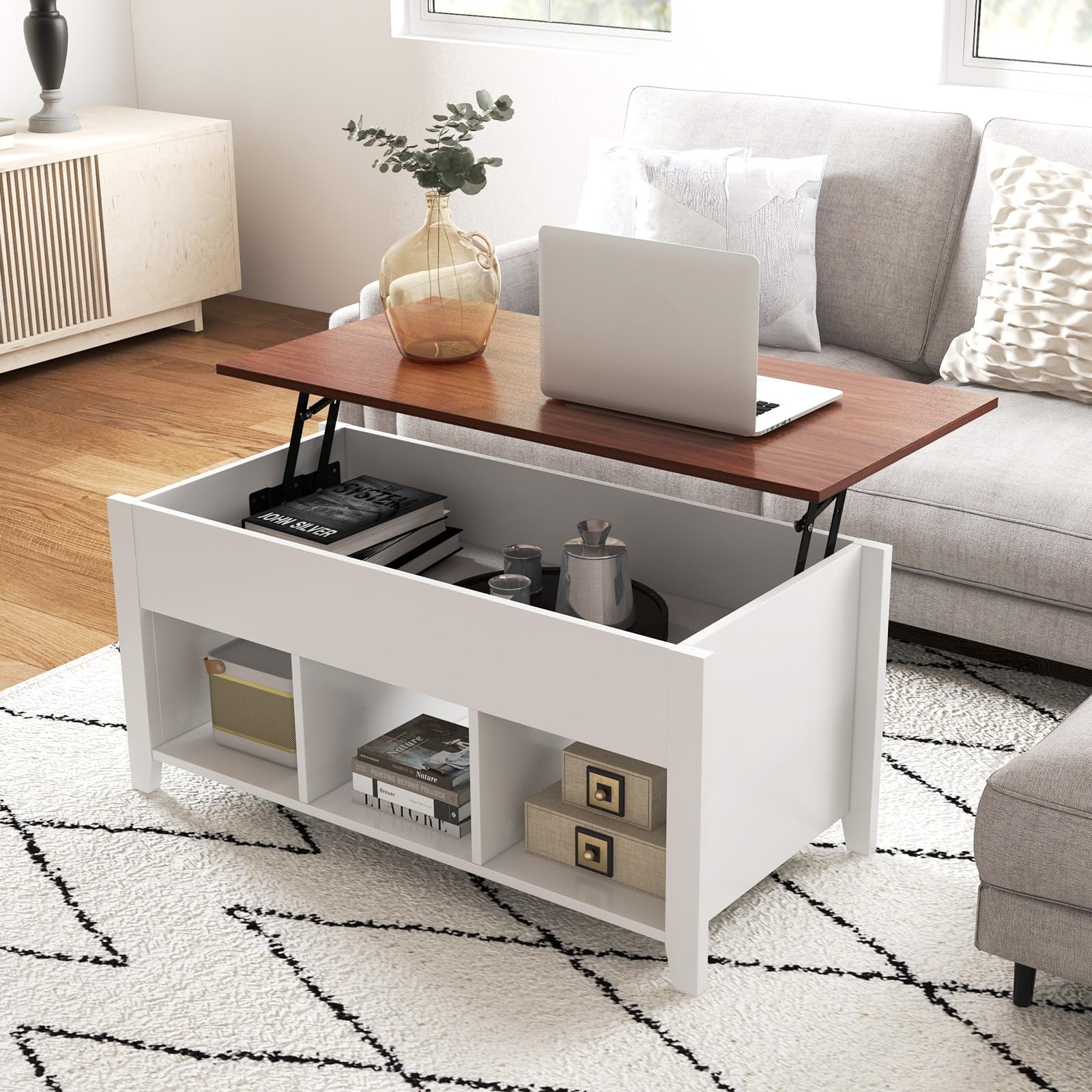 Lift Top Coffee Table with Hidden Storage Compartment & Display Shelves - Retro Style Living Room, Bedroom & Office Furniture - White & Brown Tea Dining Table for Small Spaces & Home Decor