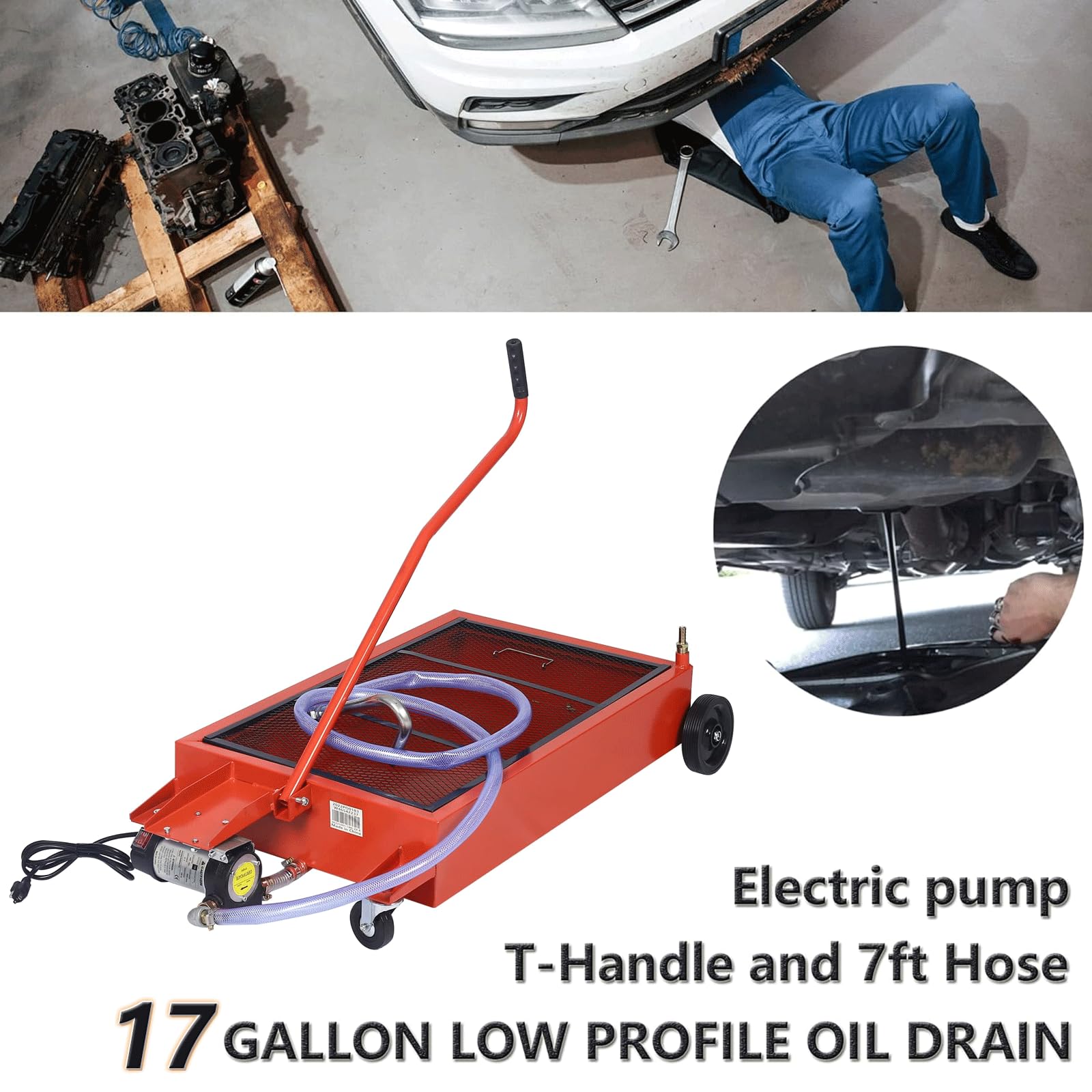 17 Gallon Oil Drain Pan with Electric Pump - Low Profile Oil Change Pan for Trucks & Cars - Foldable Handle, 7ft Hose & Swivel Casters - Perfect for DIY Oil Changes & Garage Maintenance