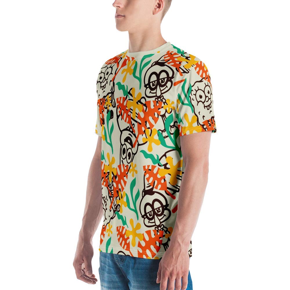SpongeBob SquarePants Camp Coral Floral Print Unisex Short Sleeve T-Shirt | Cartoon Character Tee for Kids & Adults | Beach Outing, Summer Vacation, Casual Wear