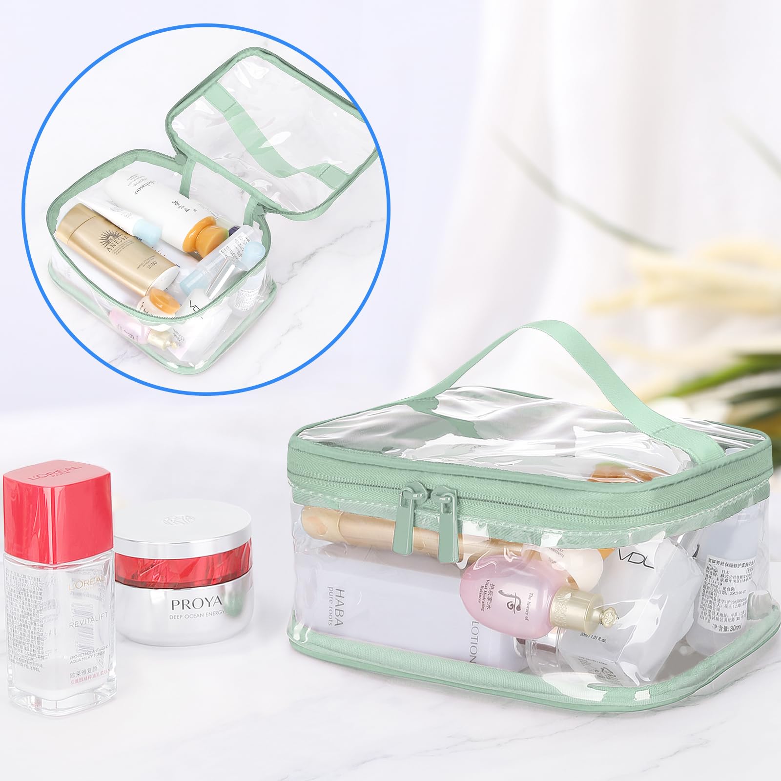 HAOGUAGUA 2-Pack Clear Makeup Bags for Travel - TSA Approved Waterproof Transparent Toiletry Organizer (Green) | Perfect for Airports, Gym & Daily Essentials Storage