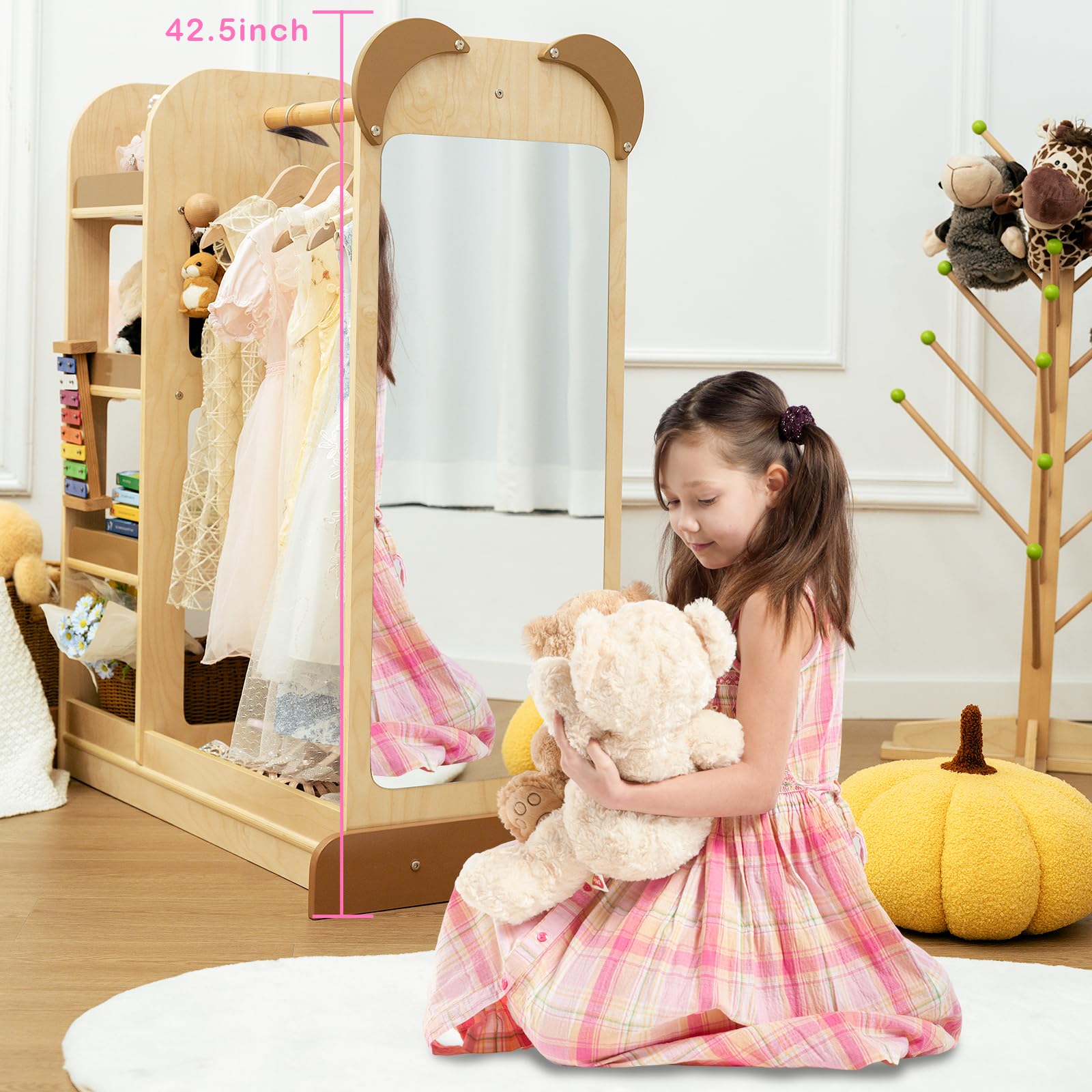 Wooden Kids Costume Organizer with Mirror - 4-Tier Toddler Clothing Rack & Open Hanging Wardrobe for Girls & Boys | Montessori Furniture for Dress Up Storage | Perfect for Bedroom, Playroom & Nursery Organization