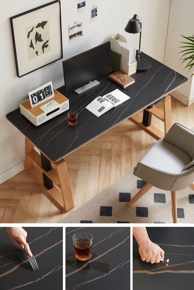 Premium Oak Solid Wood Standing Desk with Natural Rock Slab Top - Ergonomic Adjustable Height Home Office Desk for Work & Study
