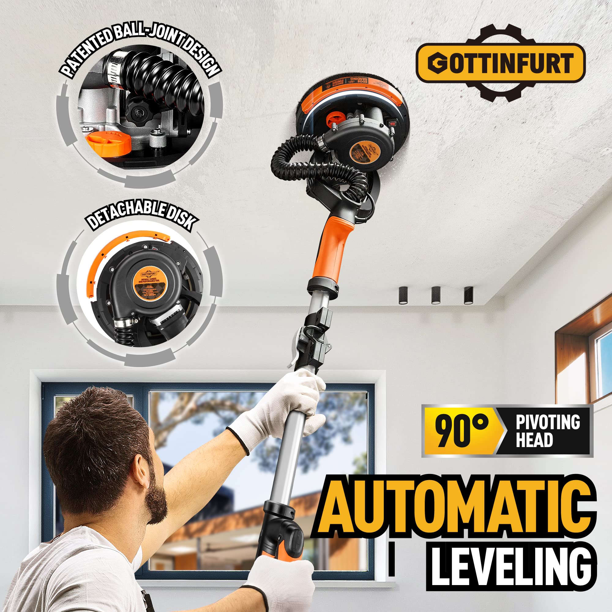Electric Drywall Sander with Vacuum - 7 Speed Adjustable (900-1800 RPM), 95.5% Dust Removal, 14ft Hose & 26ft Power Cord - Perfect for Ceiling Sanding, Wall Smoothing & DIY Home Renovation Projects