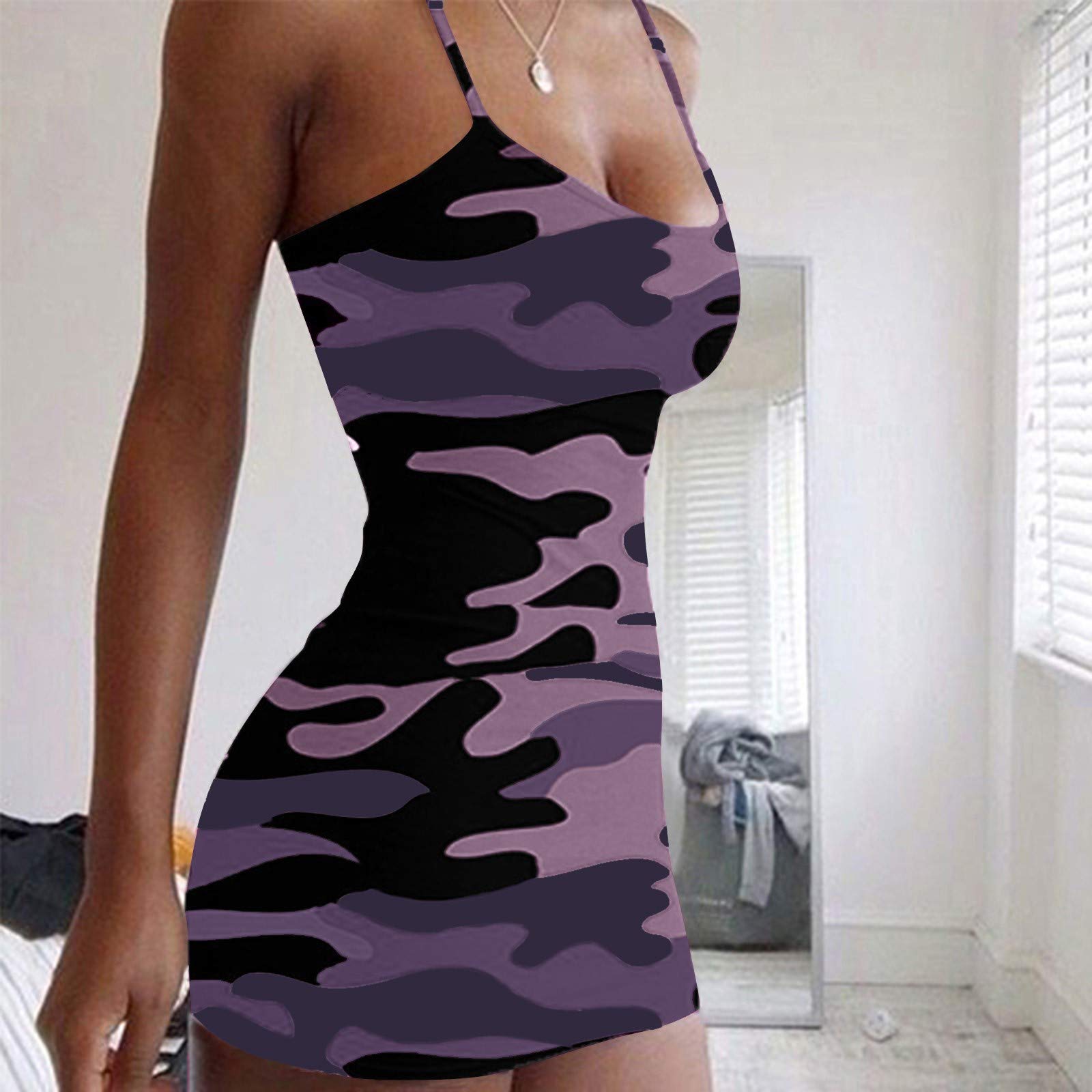 Women's Camouflage Print Sleeveless Tight-Fitting Midi Dress 2024 | Sexy Hip Print Distressed Casual Sling Dress in Black | Perfect for Night Out, Club Wear & Street Fashion