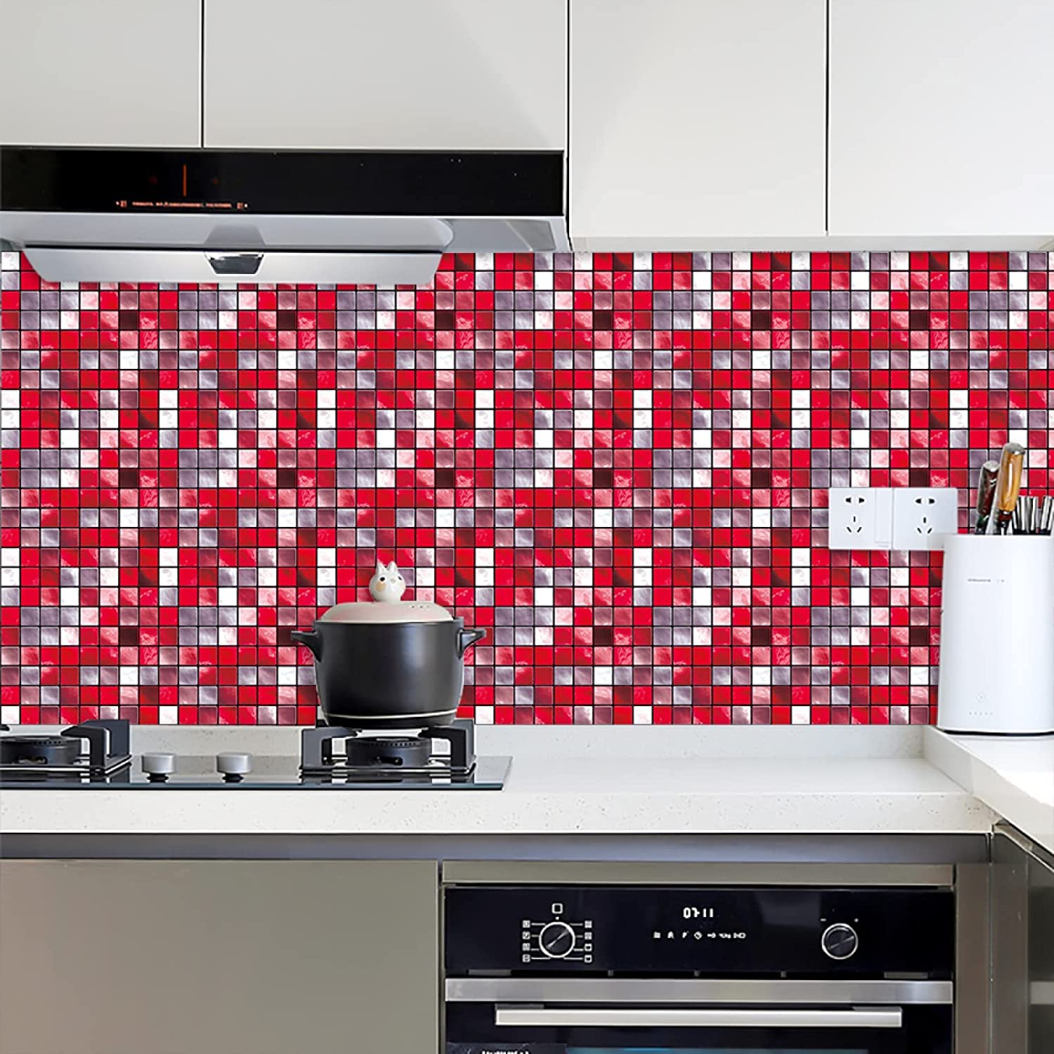 30cm x 30cm Red Kitchen Tile Stickers - Peel and Stick Wall Tile Decals for Backsplash, Countertop, Shower & Home Decor - Waterproof & Removable DIY Home Improvement Solution