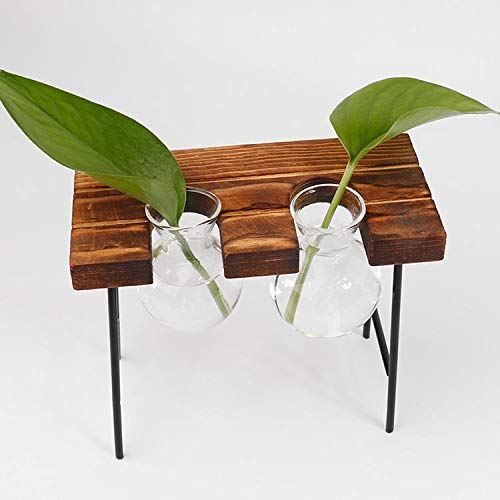 Modern Double Balls Glass Desk Vase - Hydroponic Plant Terrarium Container with Wooden Stand (Double Hang Post) - Perfect for Office Decor, Home Plants & Succulent Displays