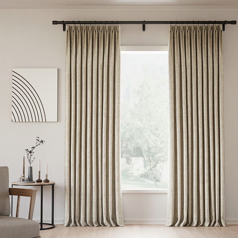 Pinch Pleated Blackout Curtains - 100% Linen Memory Trained Drapes in Natural Grey Beige | Modern Custom Window Treatments for Living Room & Bedroom