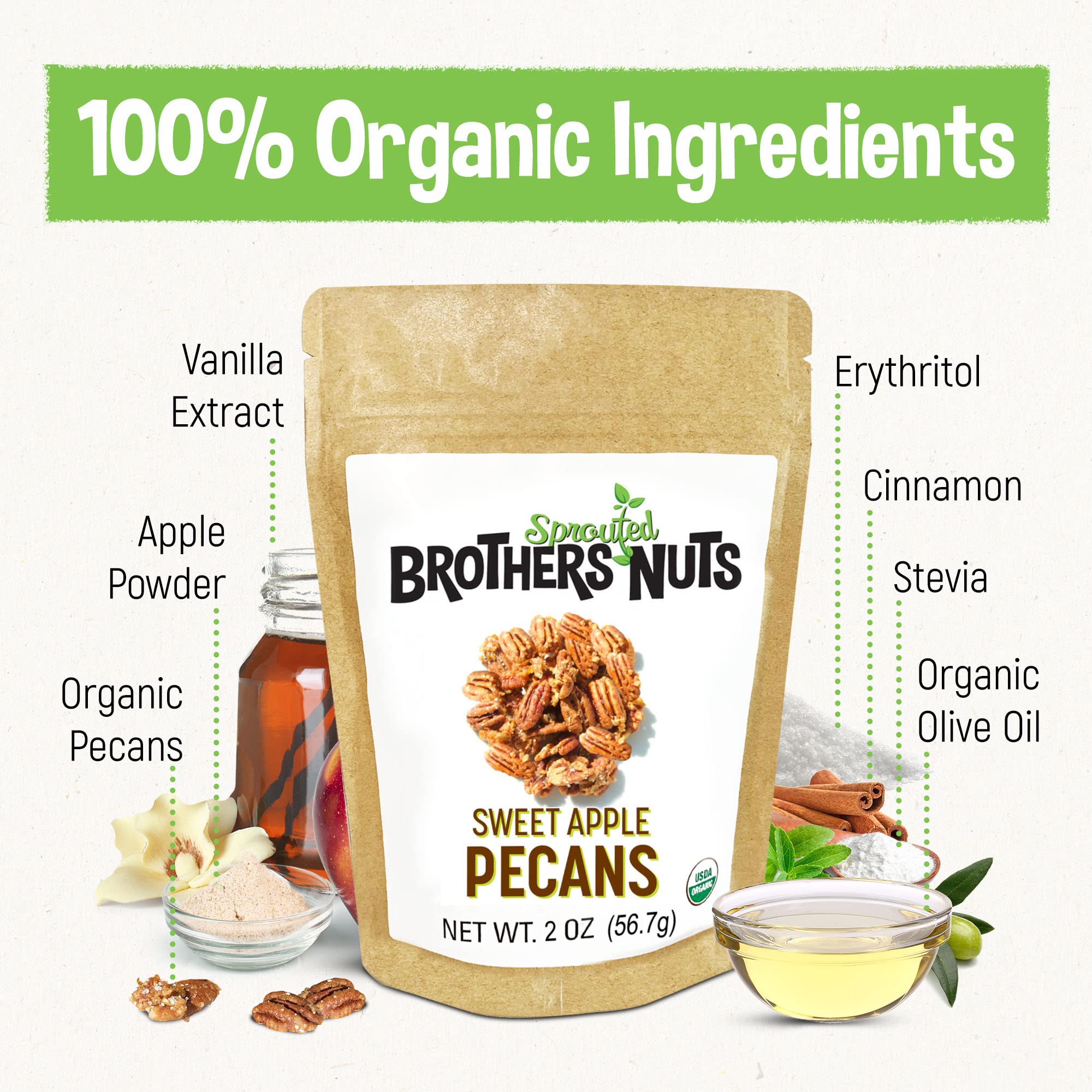 Brothers Nuts - Sweet Apple Flavored Pecans | Natural, Gluten-Free, Vegan, Keto Friendly Snacks | Sprouted Pecans Halves & Pieces | No Preservatives, All Natural Ingredients | 2 oz Pack | Perfect for Healthy Snacking, Baking, Salads & Trail Mixes