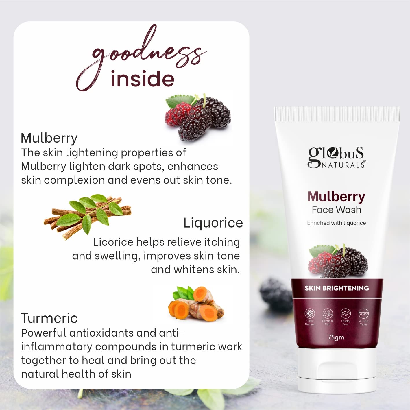 Globus Naturals Face Wash Combo Set of 2 - Skin Brightening Mulberry & Anti-Wrinkle Red Wine Facial Cleanser (75g Each) for Glowing, Youthful Skin | Daily Skincare Routine, Morning & Night Use