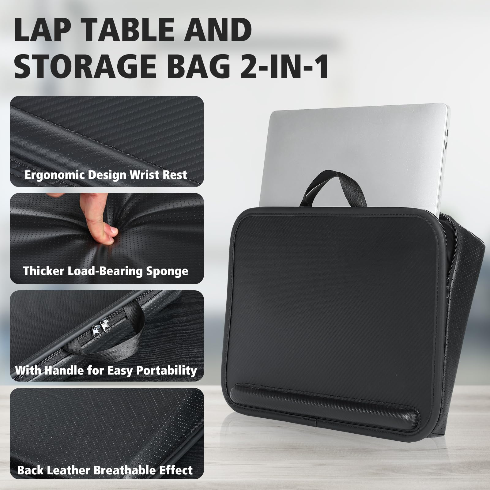 Allinside Ergonomic Lap Desk for Laptop & Tablet - Portable Laptop Stand with Storage Bag - Fits 15.6 Inch Devices - Perfect for Bed, Couch & Travel - Black