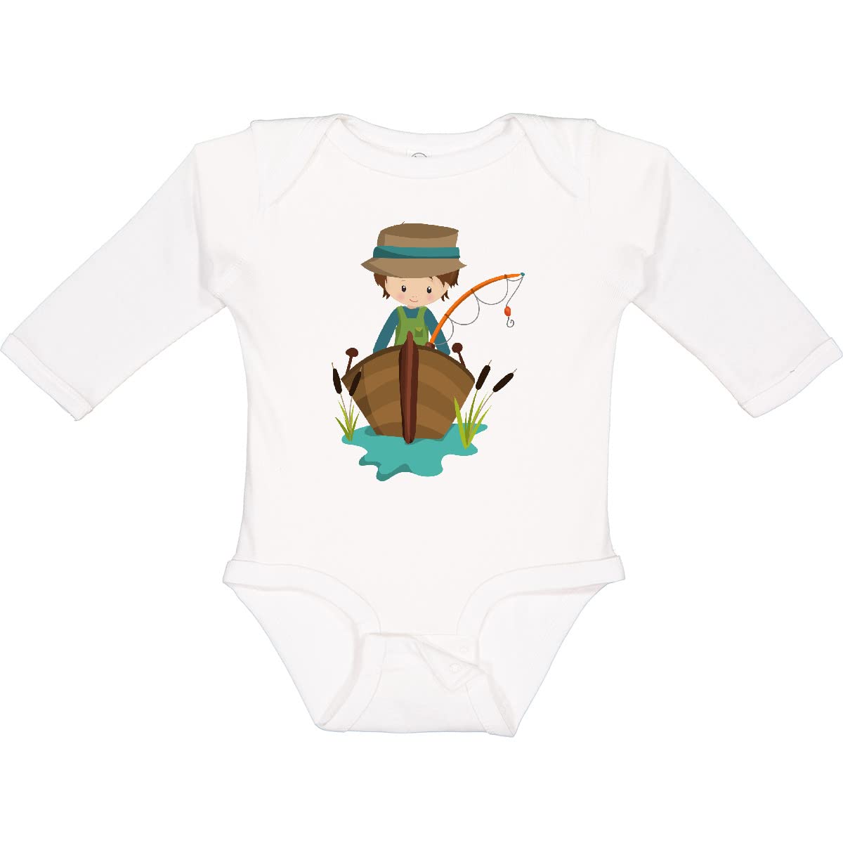 Inktastic Fishing Boy Graphic Tee - Fisherman with Fishing Rod & Brown Hair - Long Sleeve Creeper for Kids - Perfect for Fishing Trips, Outdoor Adventures & Family Activities