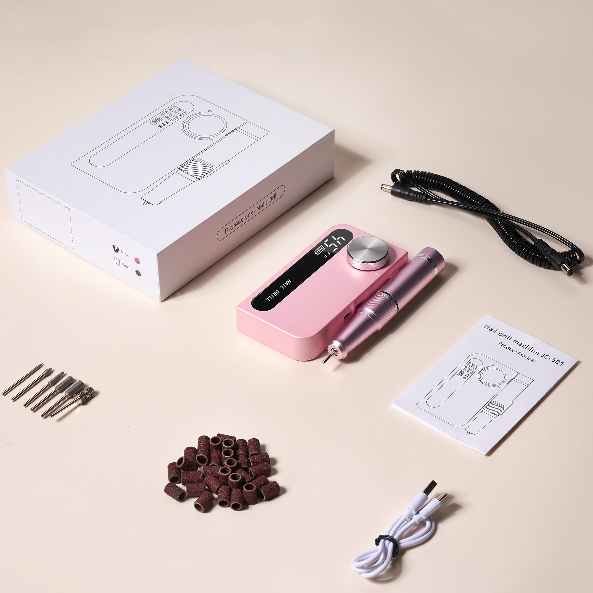 Professional Cordless Electric Nail Drill - 45000 RPM Rechargeable Manicure Machine for Acrylic & Gel Nails | Portable Nail File Kit for Salon & Home Use | Perfect for Nail Art, Polish Removal & Pedicures (Pink)