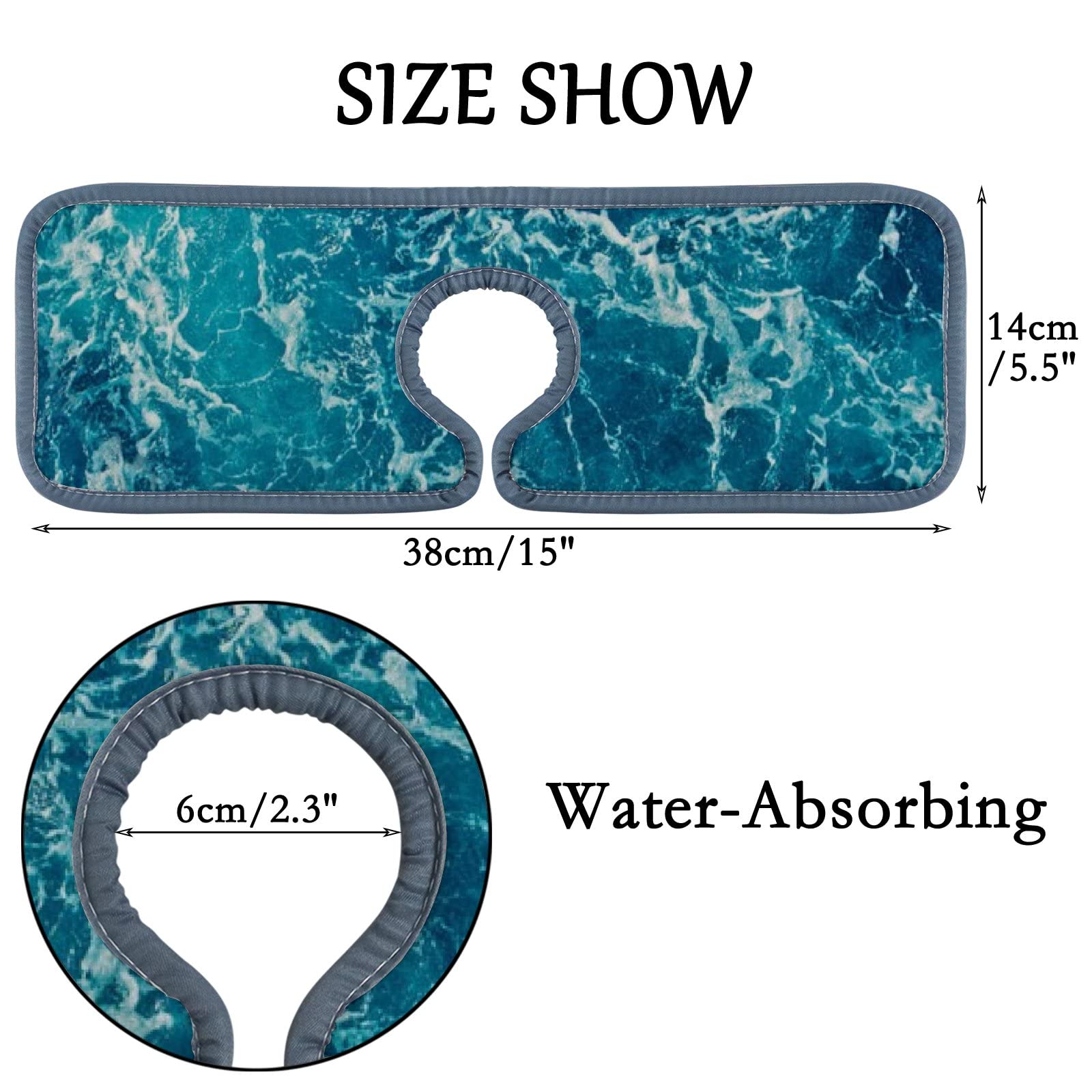 Blue Sea Water Surface Splash Guard - 3 Pack Absorbent Sink Faucet Mats for Kitchen & Bathroom Countertops | Non-Slip Tap Protector Pads | Prevents Water Stains & Splashes | Ideal for RV, Home, and Office Use