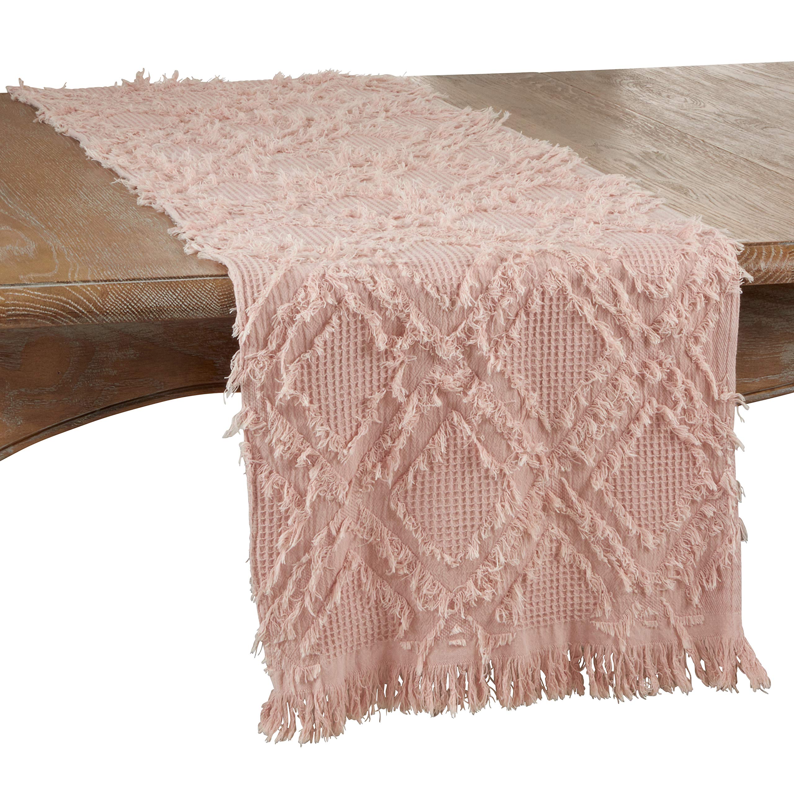 SARO LIFESTYLE Ivoryline Collection Fringe Waffle Weave Table Runner - 16