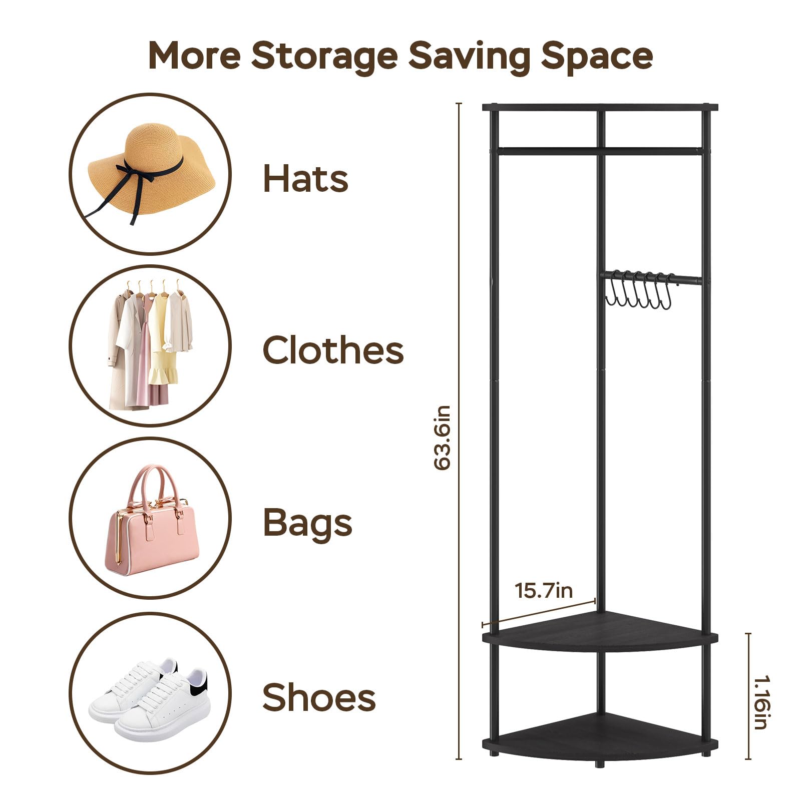 Freestanding Corner Coat Rack with Shelves & Adjustable Hooks - Entryway Hall Tree Organizer for Clothes, Hats, Bags & Shoes (Black) - Perfect for Small Spaces, Apartments & Mudroom Organization