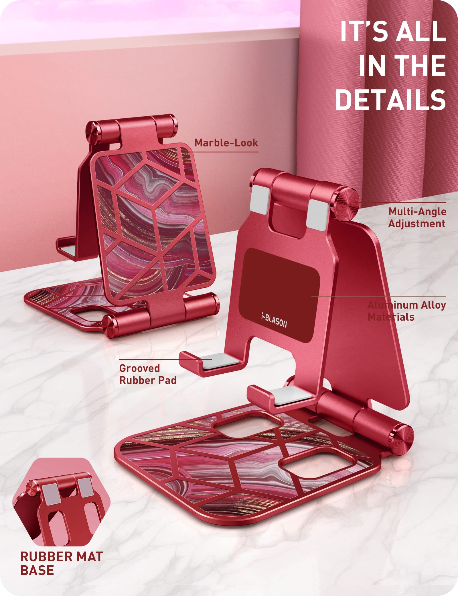 i-Blason Universal Foldable Cell Phone Stand Holder for Desk - Compatible with iPhone 16/15/14/13 Pro Max & All Smartphones - Adjustable Phone Stand for Work, Study, Video Calls & Watching Movies (Red)