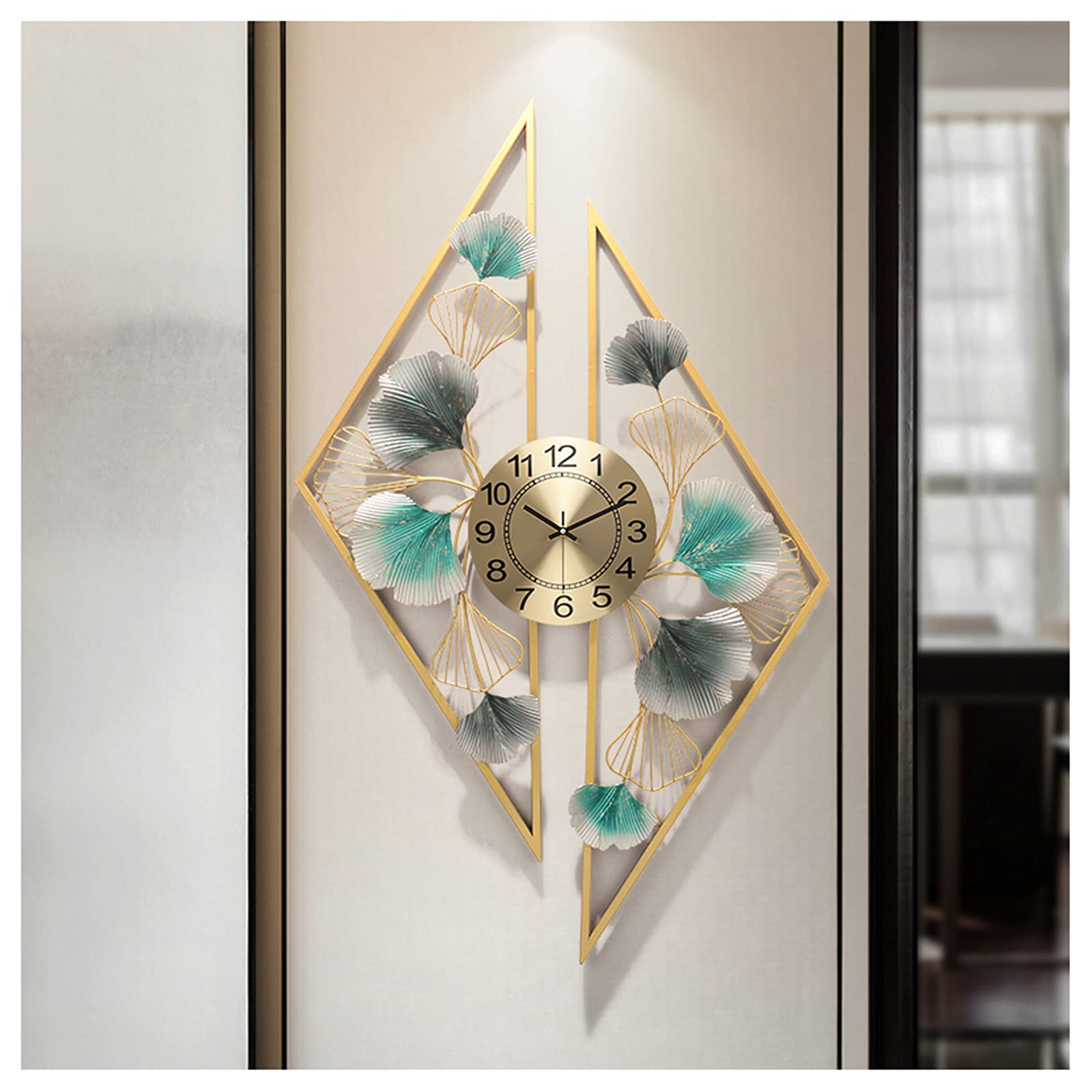 63x102 cm Large Metal Wall Clock - Modern Ginkgo Leaf Design, Silent Battery Operated, Pop Color Quartz Star Clock for Home Decor - Perfect for Living Room, Bedroom, Kitchen & Office (Gold) | Stylish Timepiece for Modern Interiors & Gift Giving