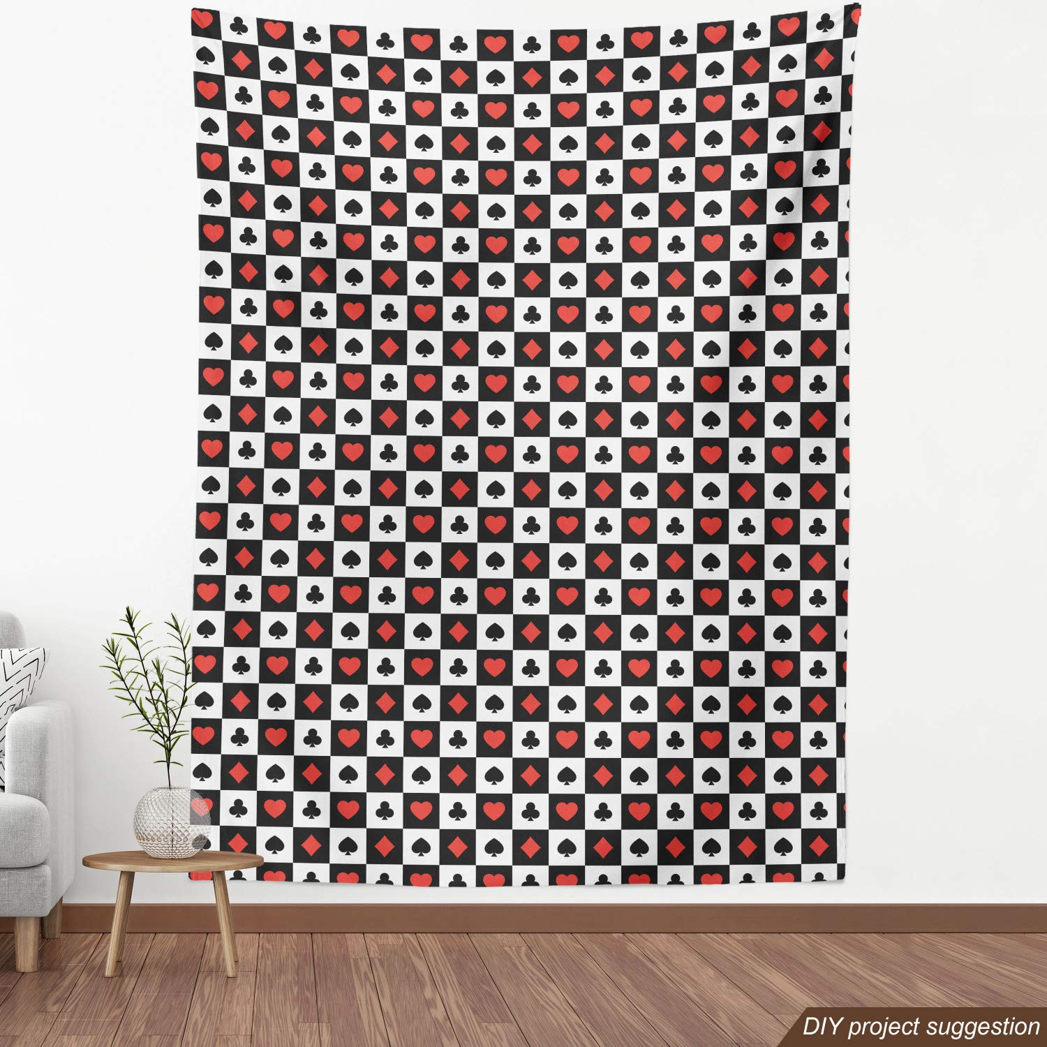 Lunarable Poker Fabric by The Yard - Checkered Squares with Poker Card Suits (Spades, Hearts, Clubs) - 10 Yards Black & White Upholstery Fabric for Home Decor, DIY Projects & Poker-Themed Room Accents